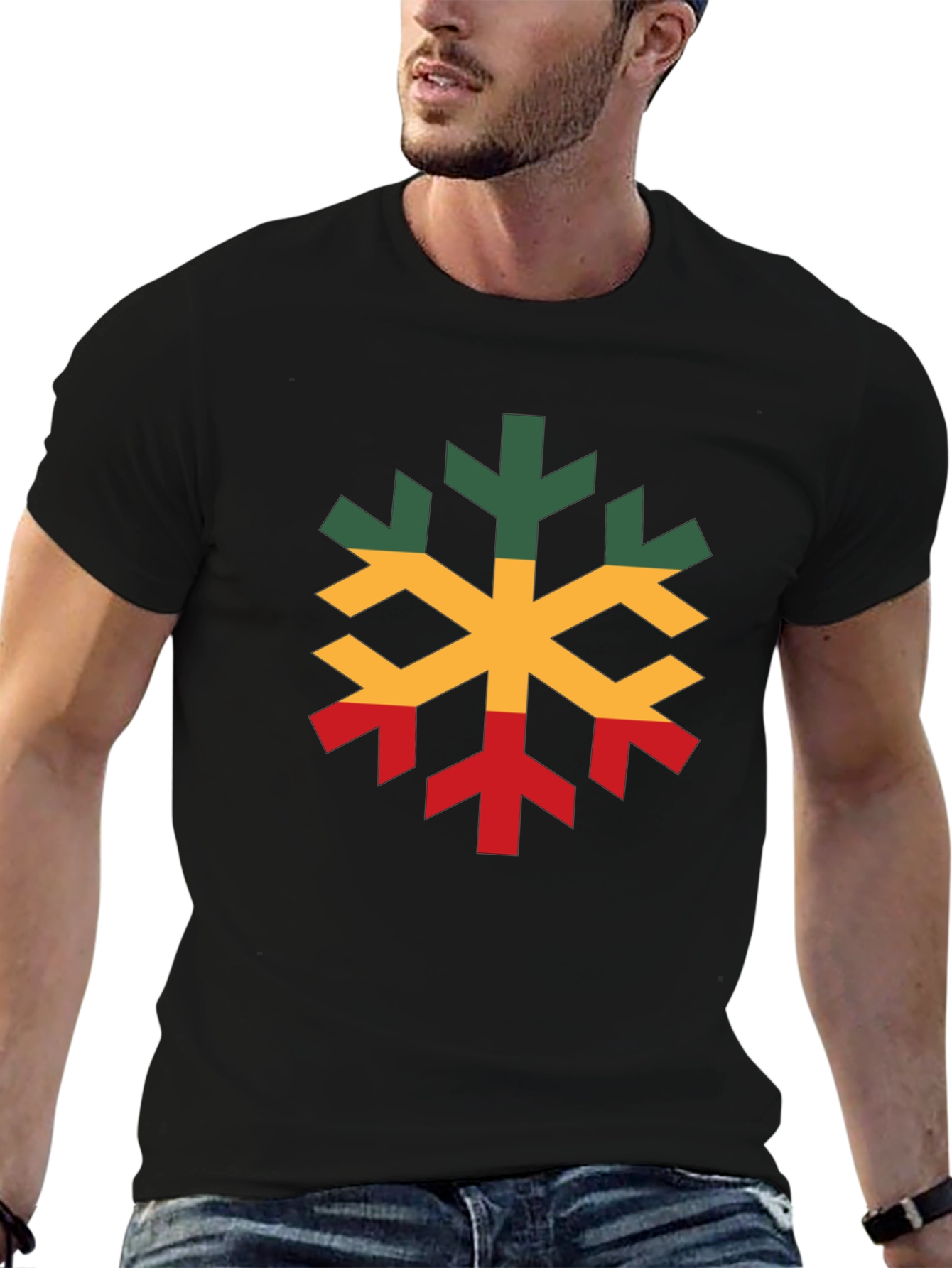 Black Rasta Snowflake Graphic T-Shirt - Cotton Blend, Short Sleeve view 6