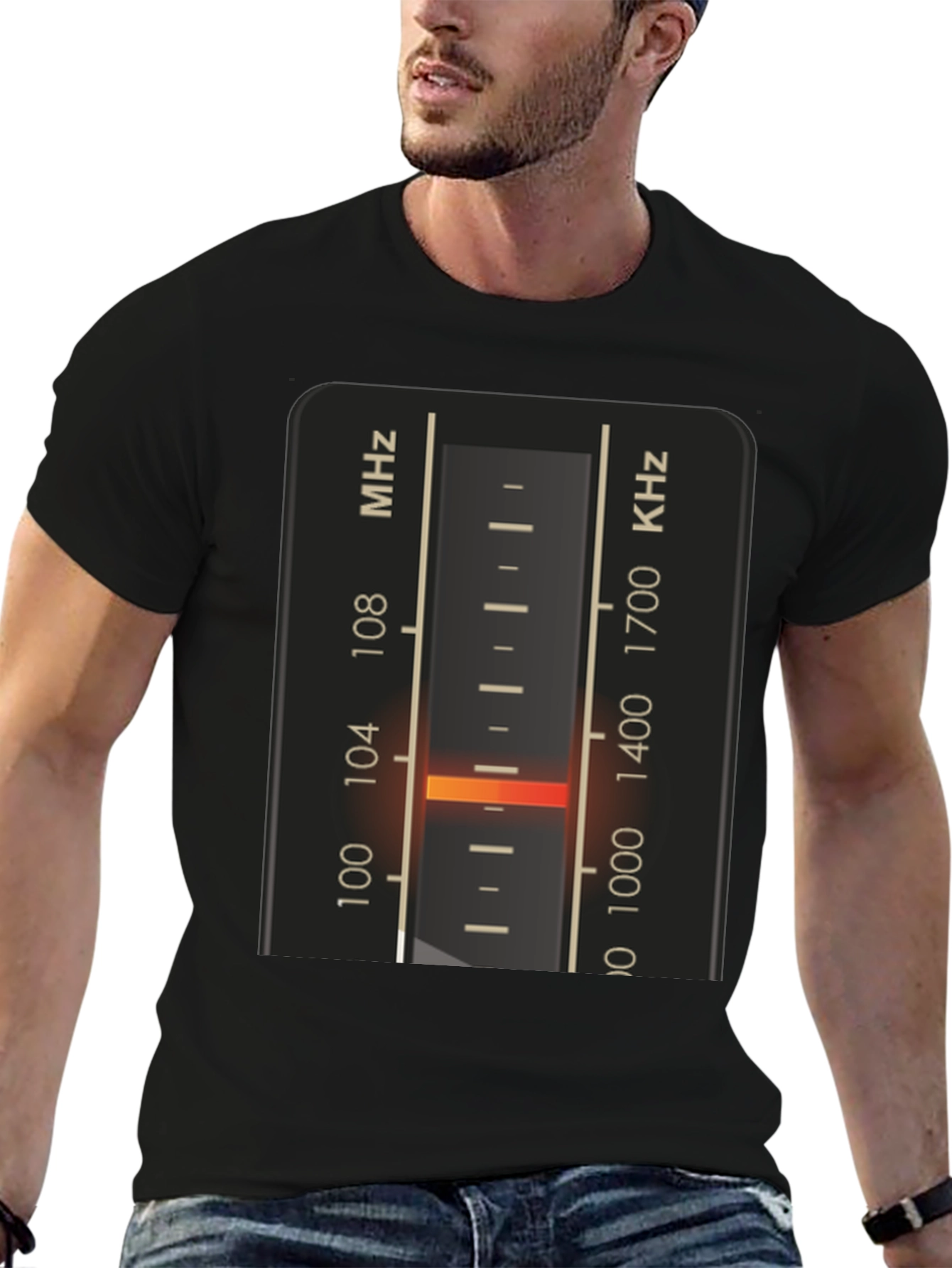 Black T-Shirt with Vintage Radio Tuning Dial Design view 6
