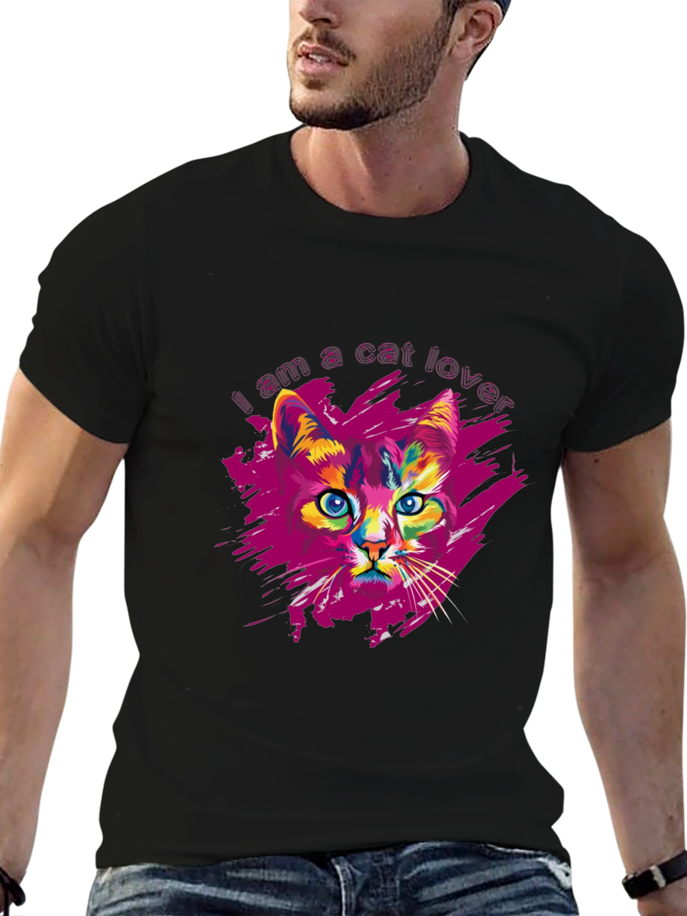 Black Vibrant Cat Lover Graphic Print Black T-Shirt view 6