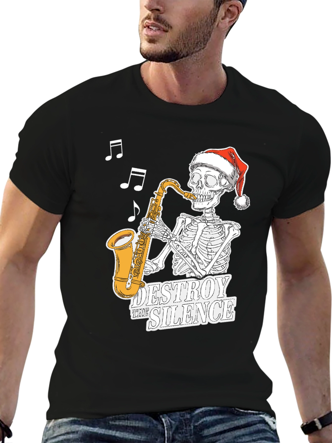 Black Skeleton Santa Saxophone T-Shirt - Destroy the Silence Tee view 6