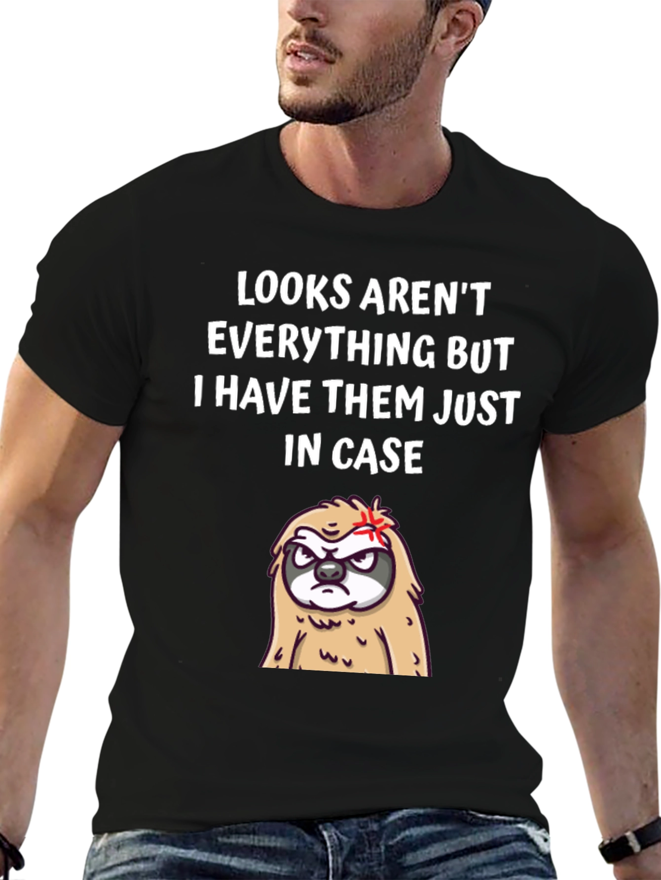 Black Funny Sloth Graphic Tee - Looks Aren't Everything T-Shirt view 6