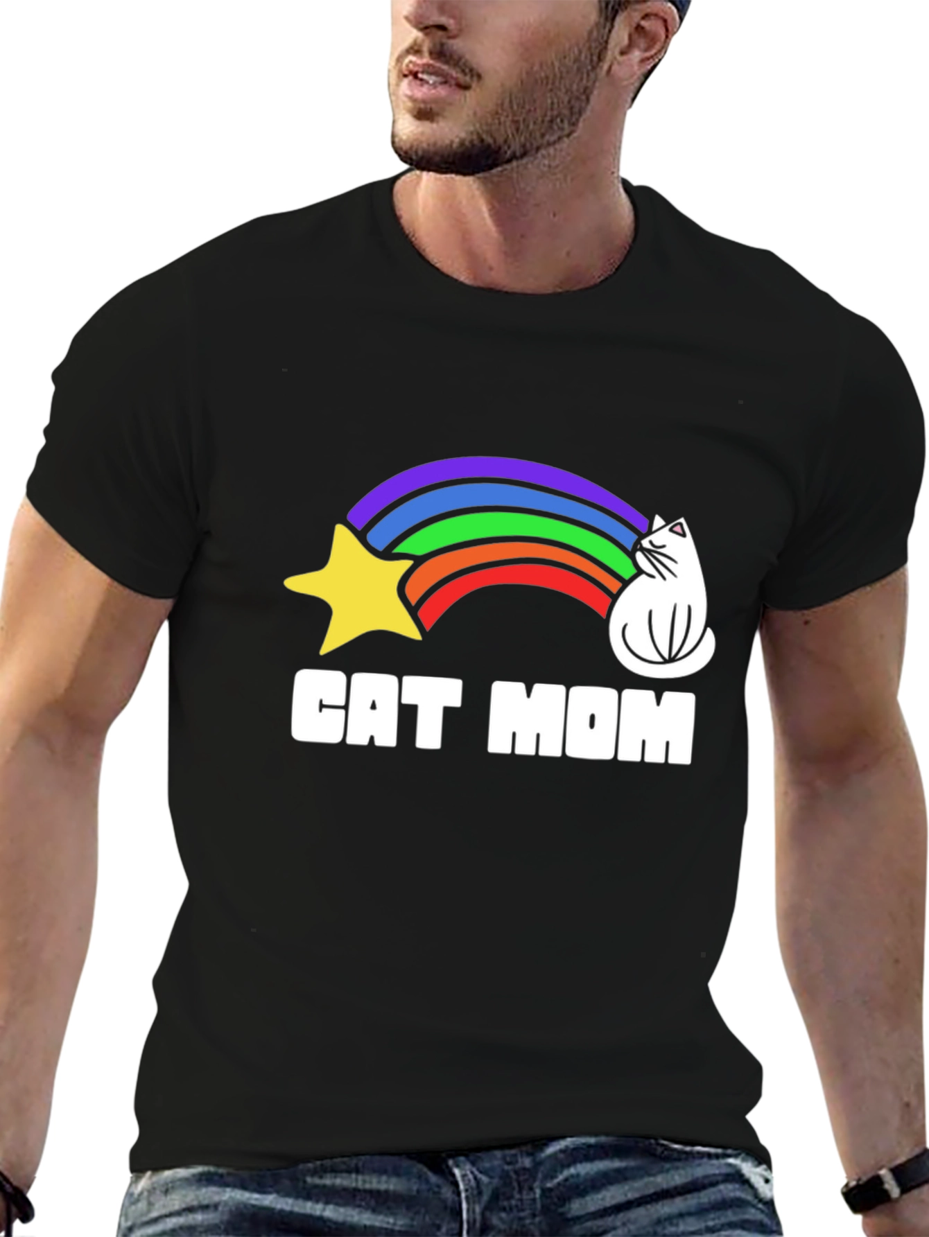 Black Cat Mom Rainbow Graphic Tee - Unisex Cotton T-Shirt view 6