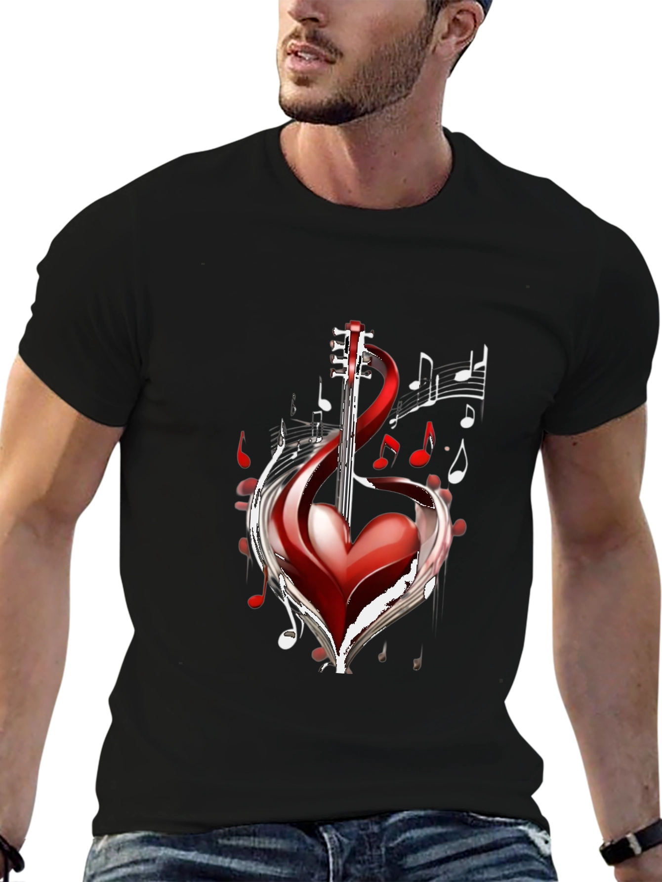 Black Musical Heart Guitar Black T-Shirt view 6