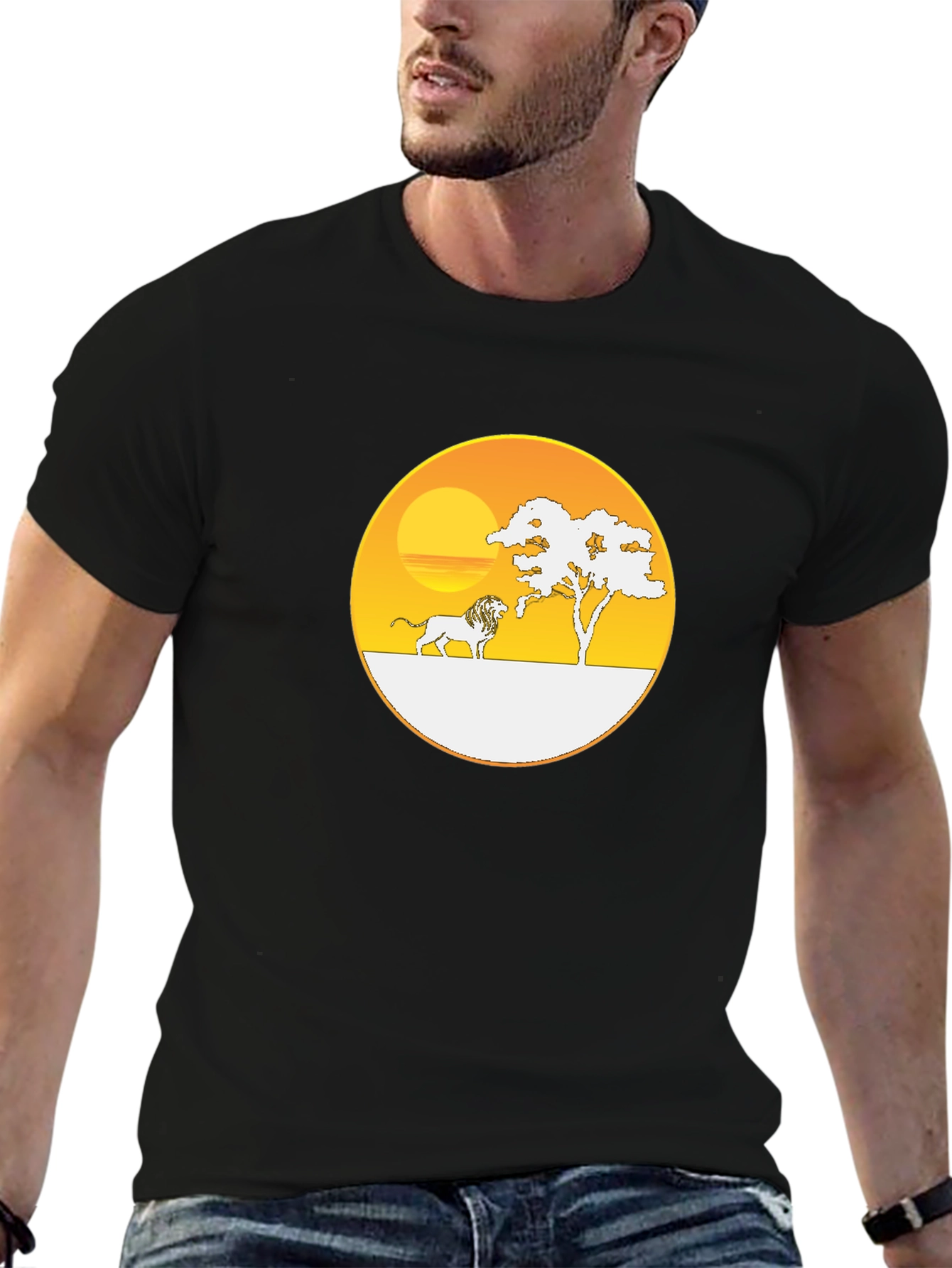 Black Savanna Sunset Lion Graphic Tee - Black Cotton T-Shirt view 6