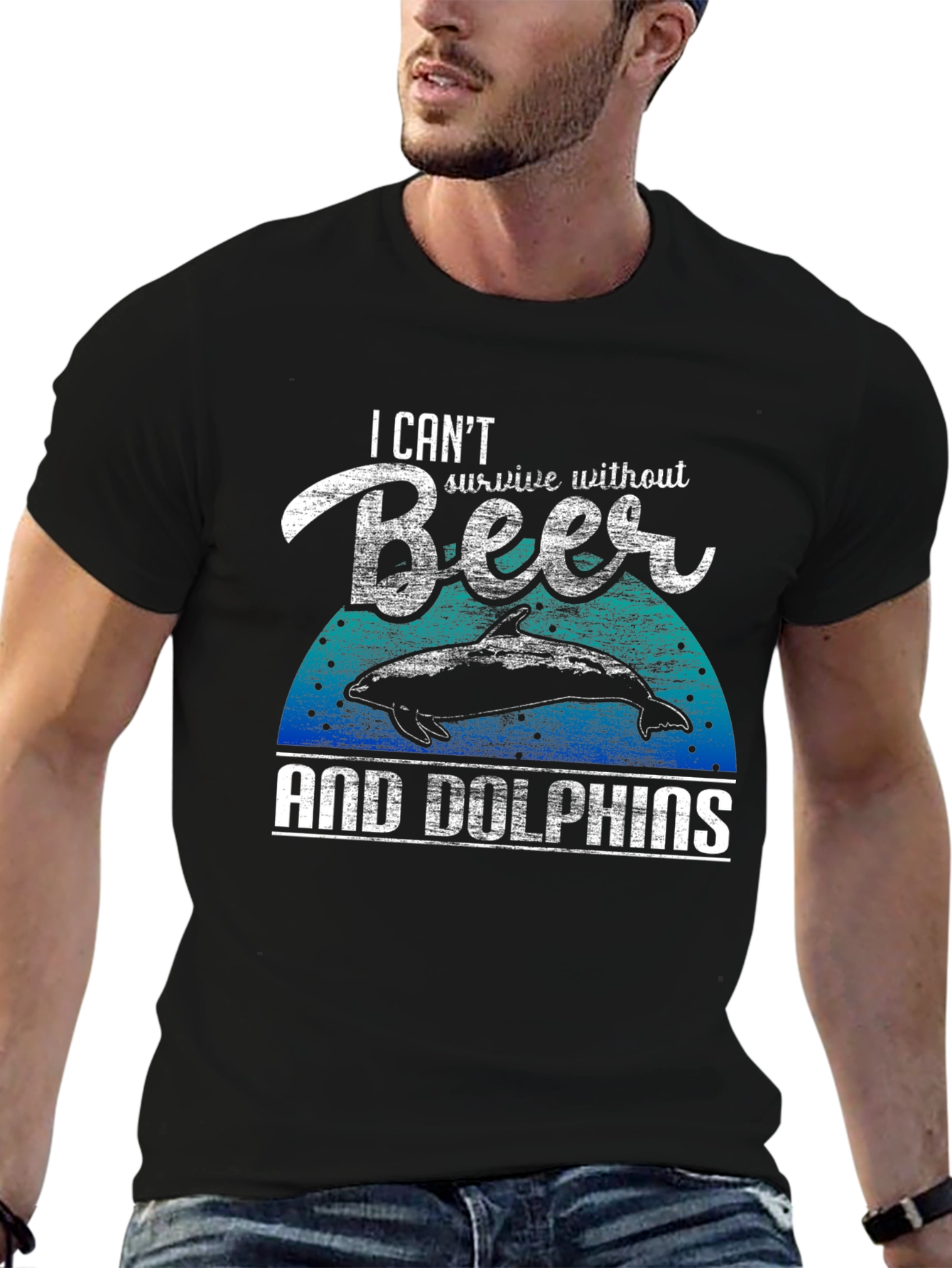 Black Beer & Dolphins Graphic Tee - Men's Black T-Shirt view 6