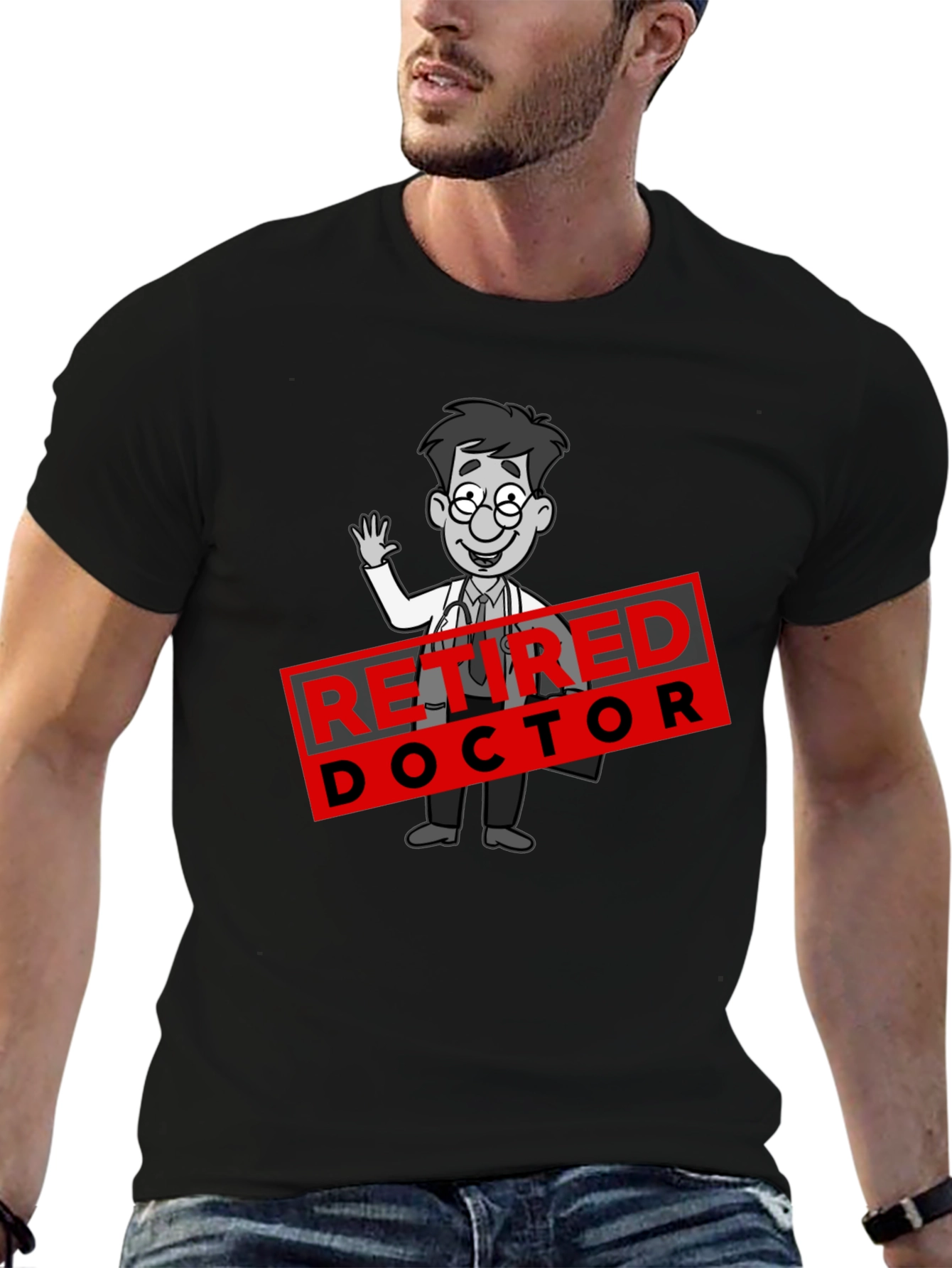 Black Retired Doctor Cartoon Graphic T-Shirt view 6
