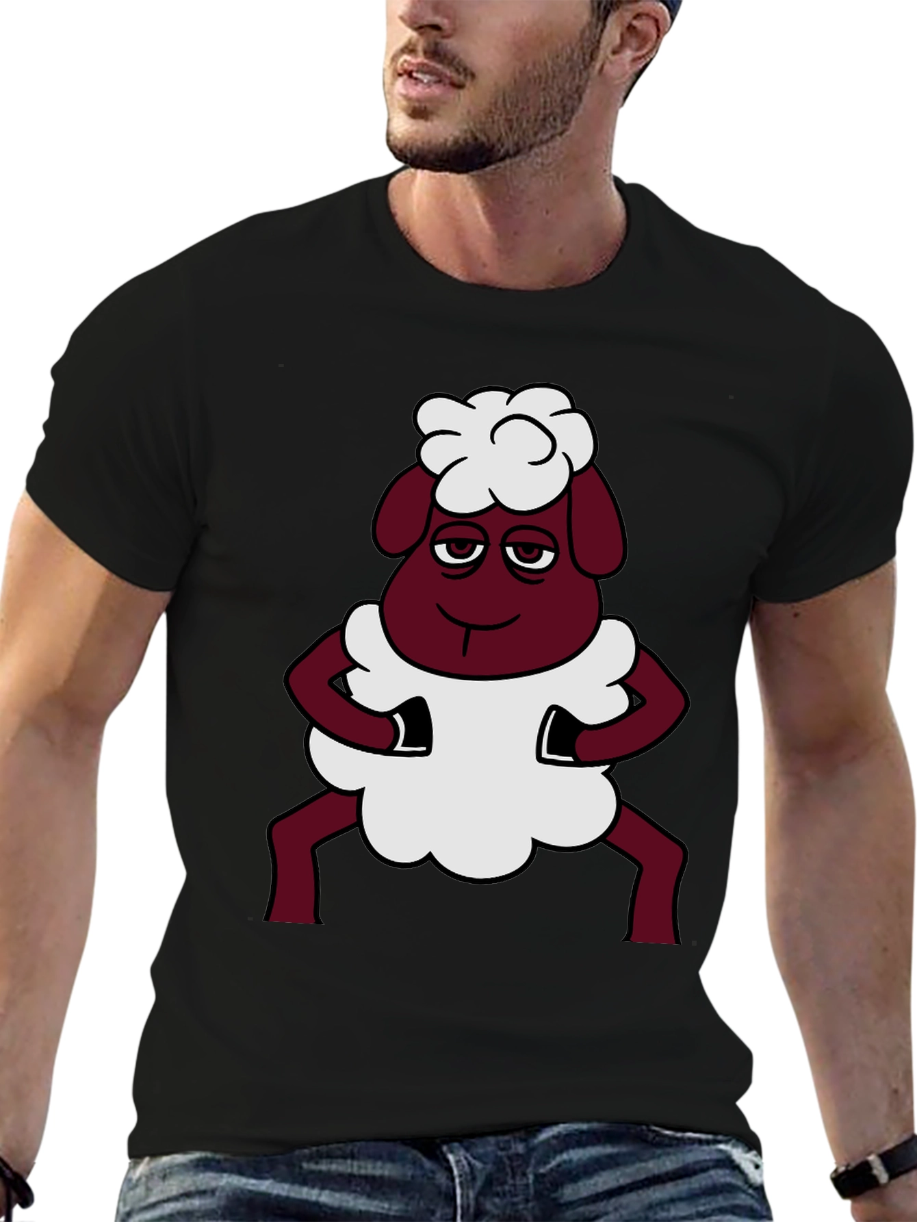 Black Funny Sheep Cartoon Graphic Black T-Shirt view 6