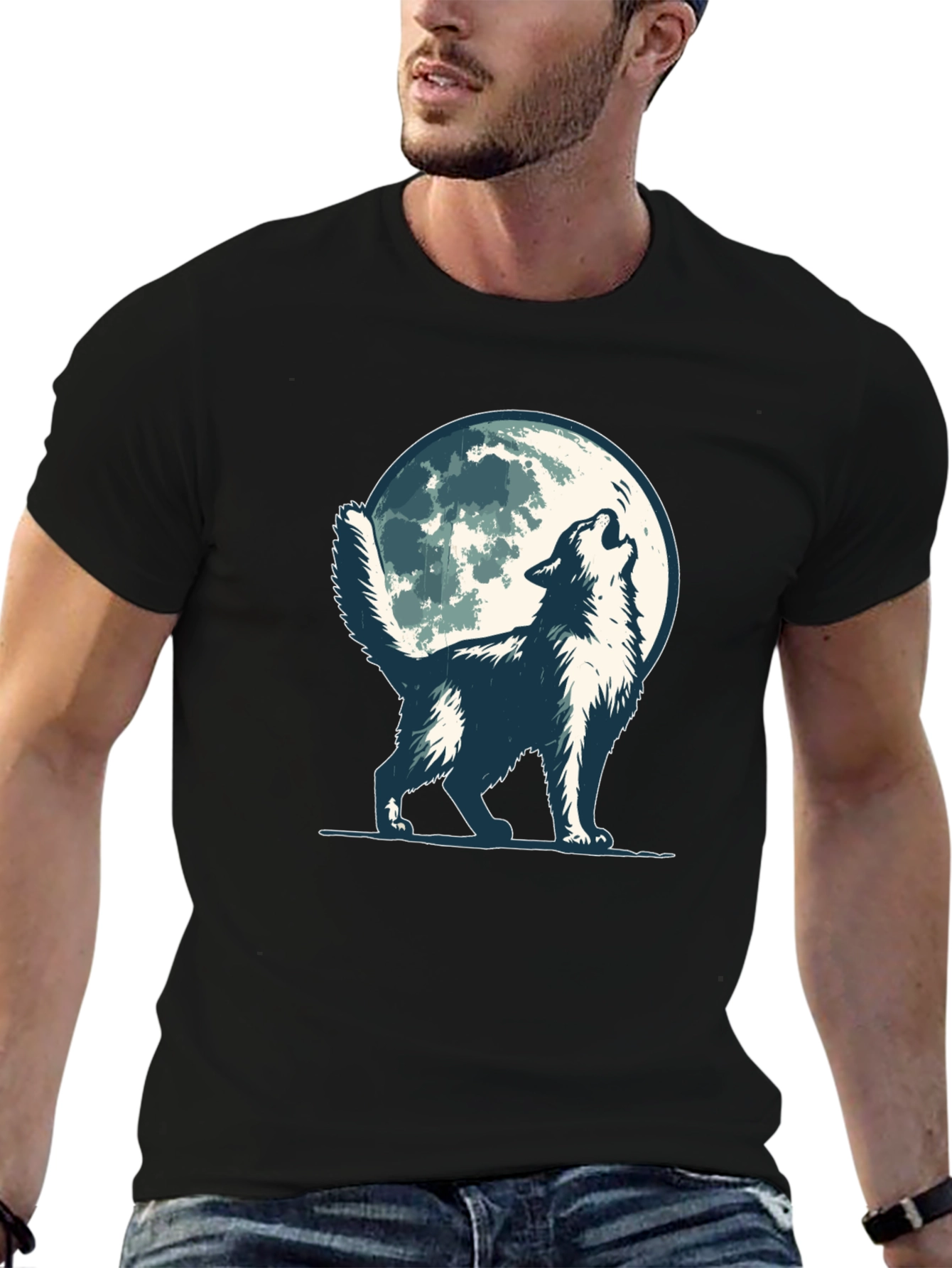 Black Wolf Howling at Moon Graphic Tee - Black Cotton Blend view 6
