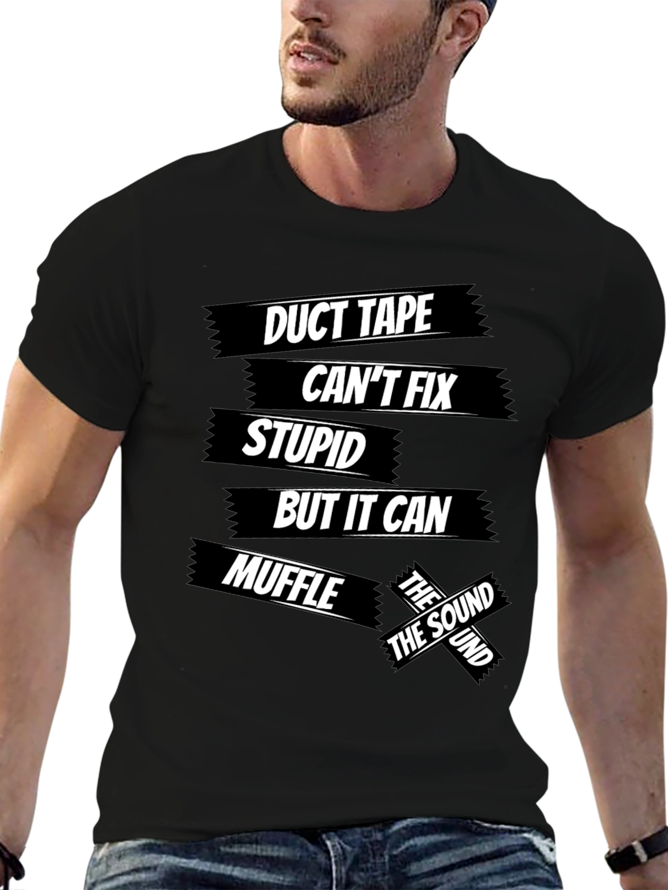Black Duct Tape Fixes Stupid Men's Black Graphic T-Shirt view 6