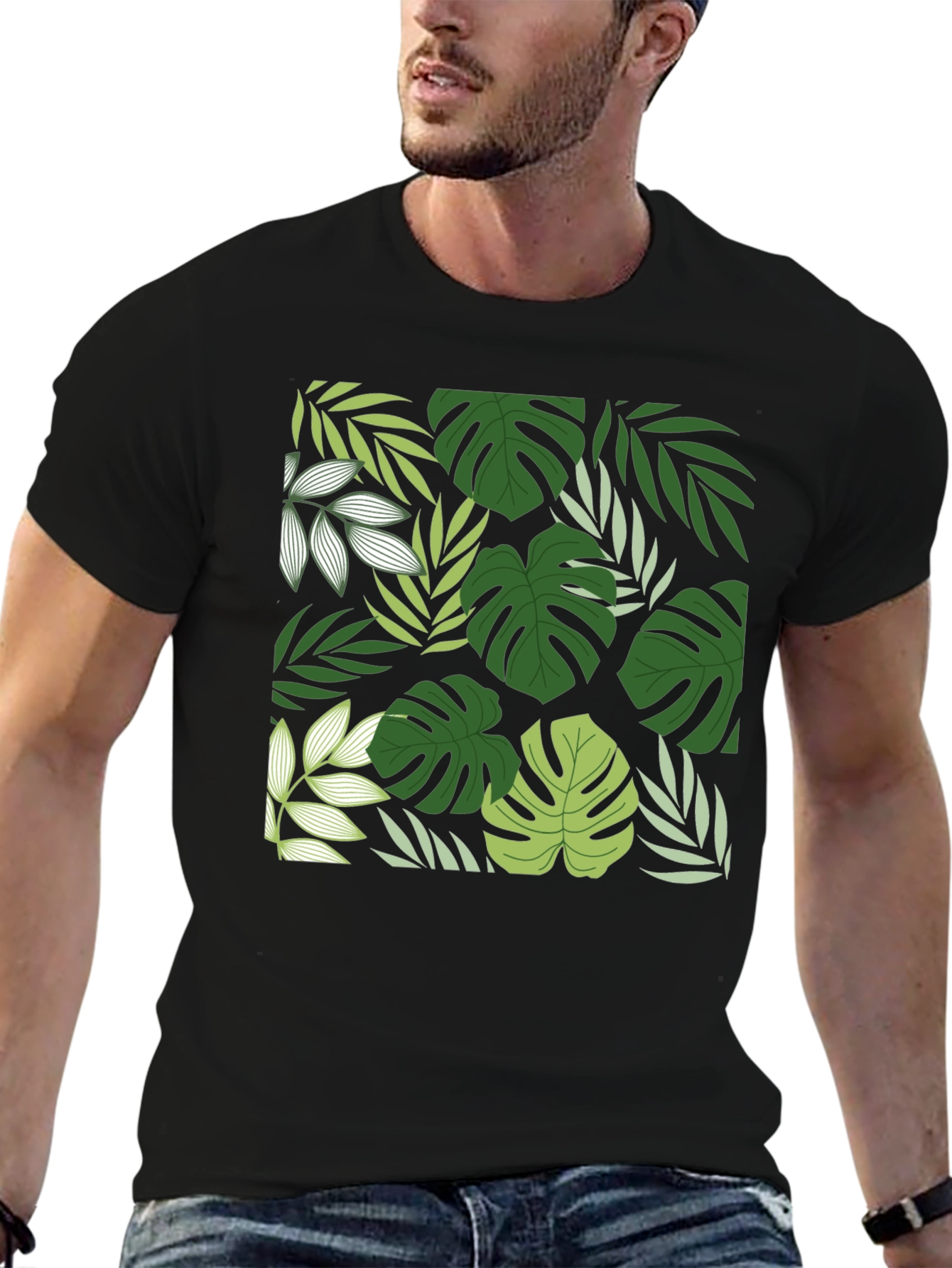 Tropical Leaf Print Black T-Shirt - 6
