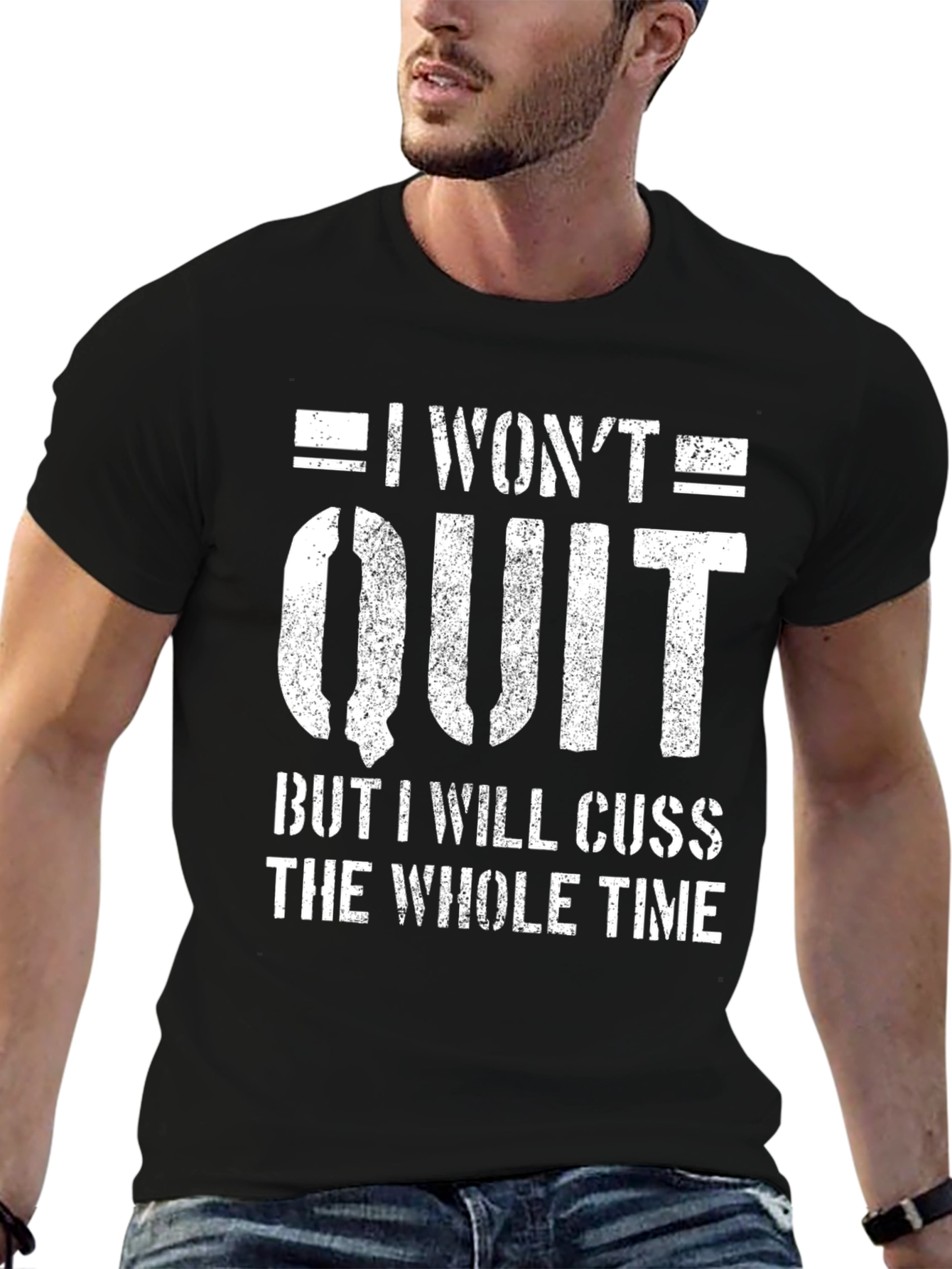 Black I Won't Quit Men's Graphic Tee - Funny Workout Motivation view 6