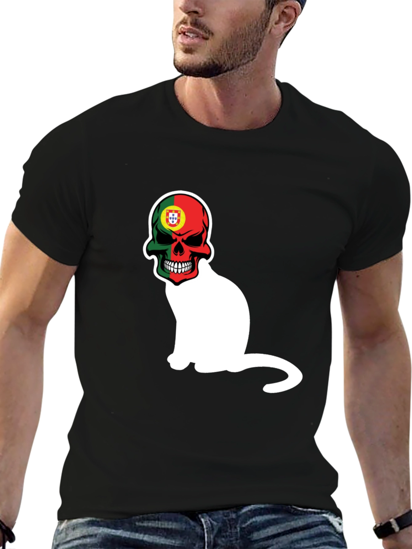 Black Portugal Skull Cat Graphic Tee - Men's Black T-Shirt view 6