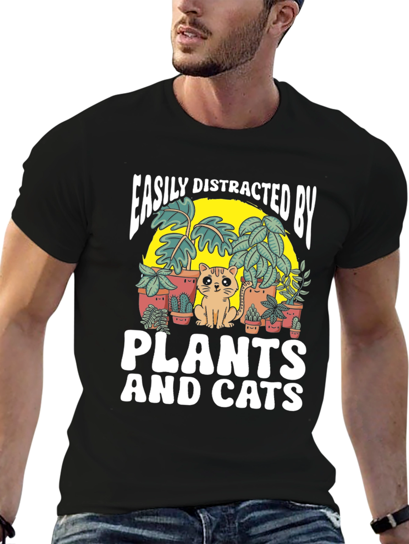Black Easily Distracted by Plants and Cats T-Shirt view 6