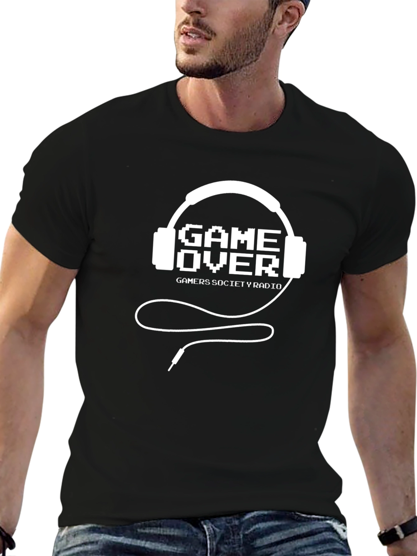 Black Game Over Headphone Gamer Society Radio T-Shirt view 6