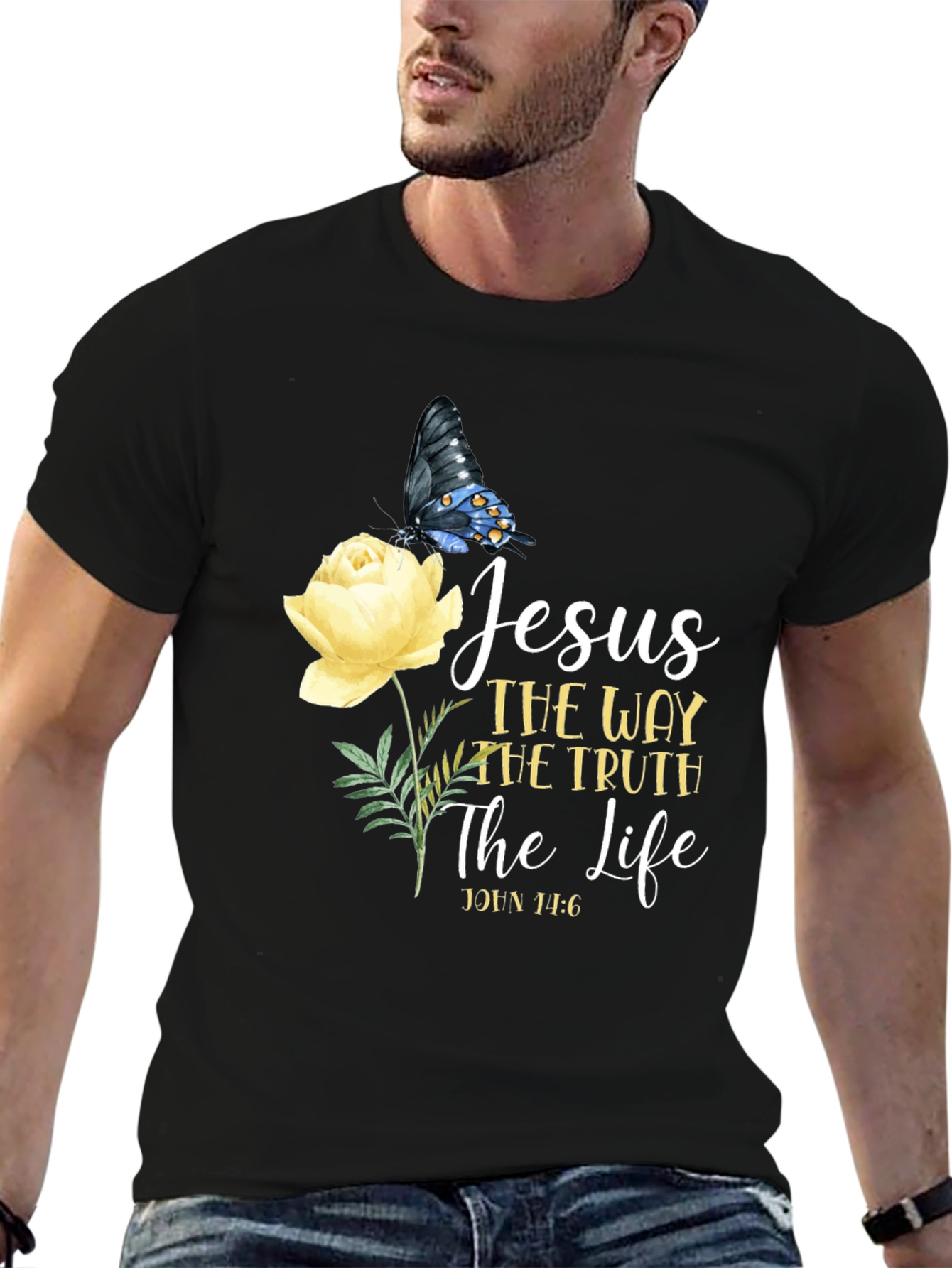 Black Jesus Way Truth Life T-Shirt Butterfly Rose Graphic view 6