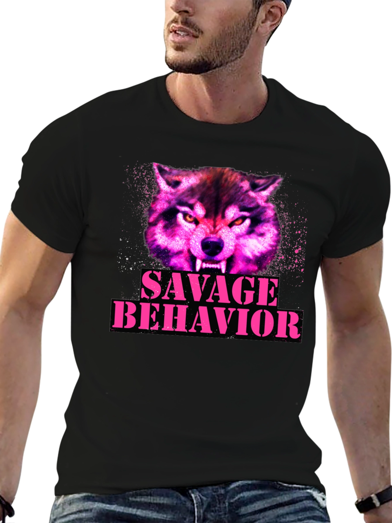 Black Savage Behavior Wolf Graphic T-Shirt view 6