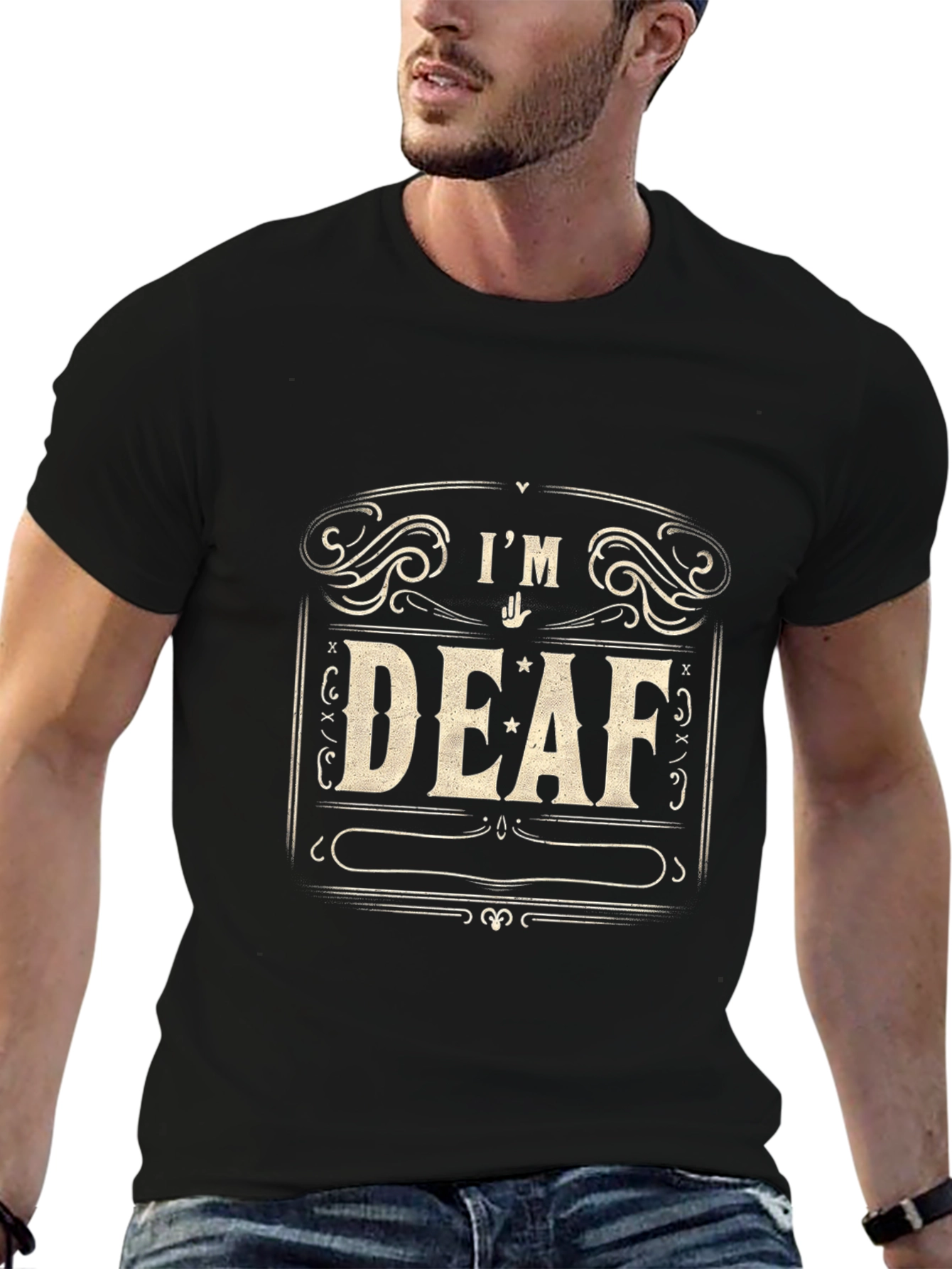 Black I'm Deaf T-Shirt - Black Crew Neck Tee view 6