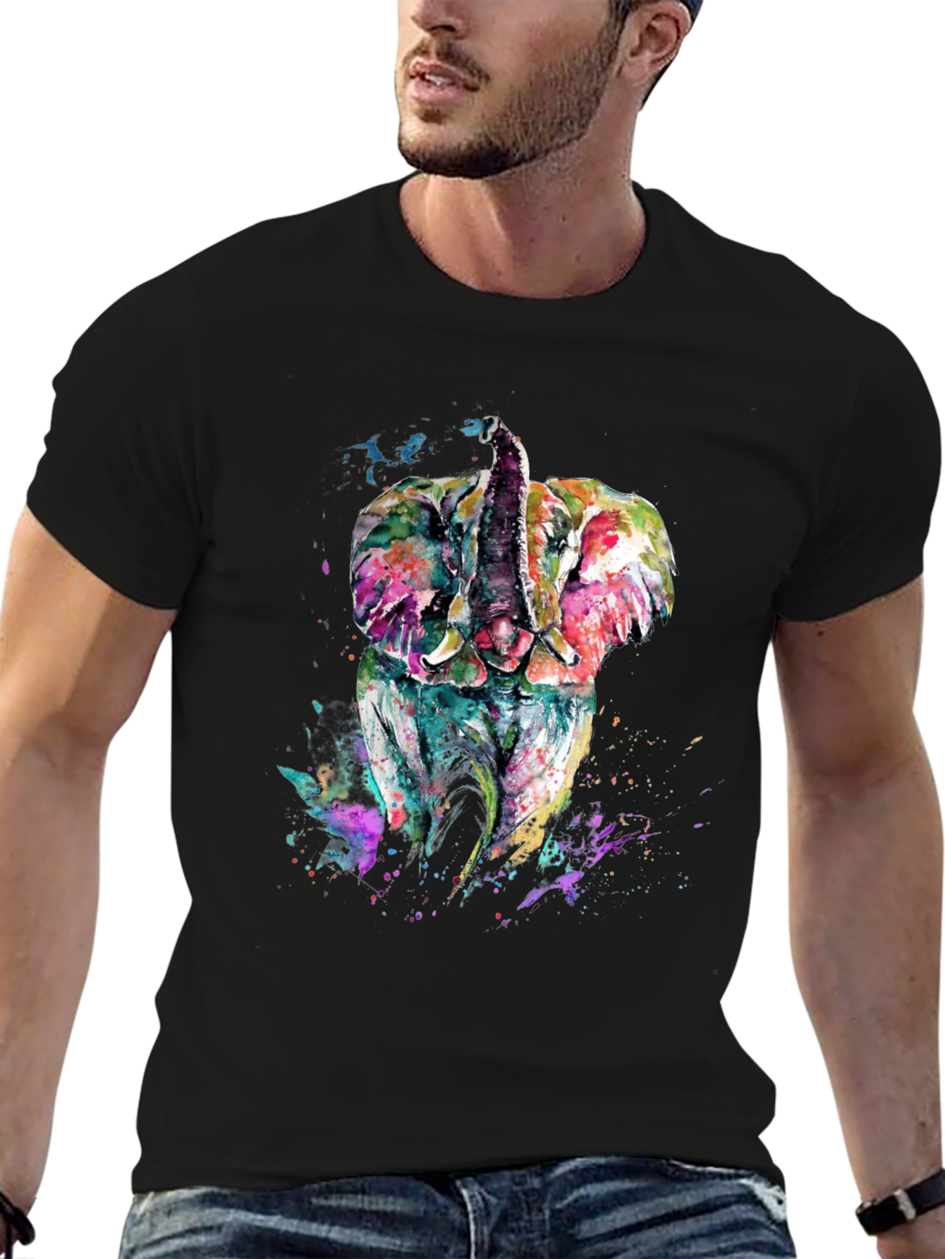 Black Elephant Watercolor Graphic Tee - Men's Black T-Shirt view 6