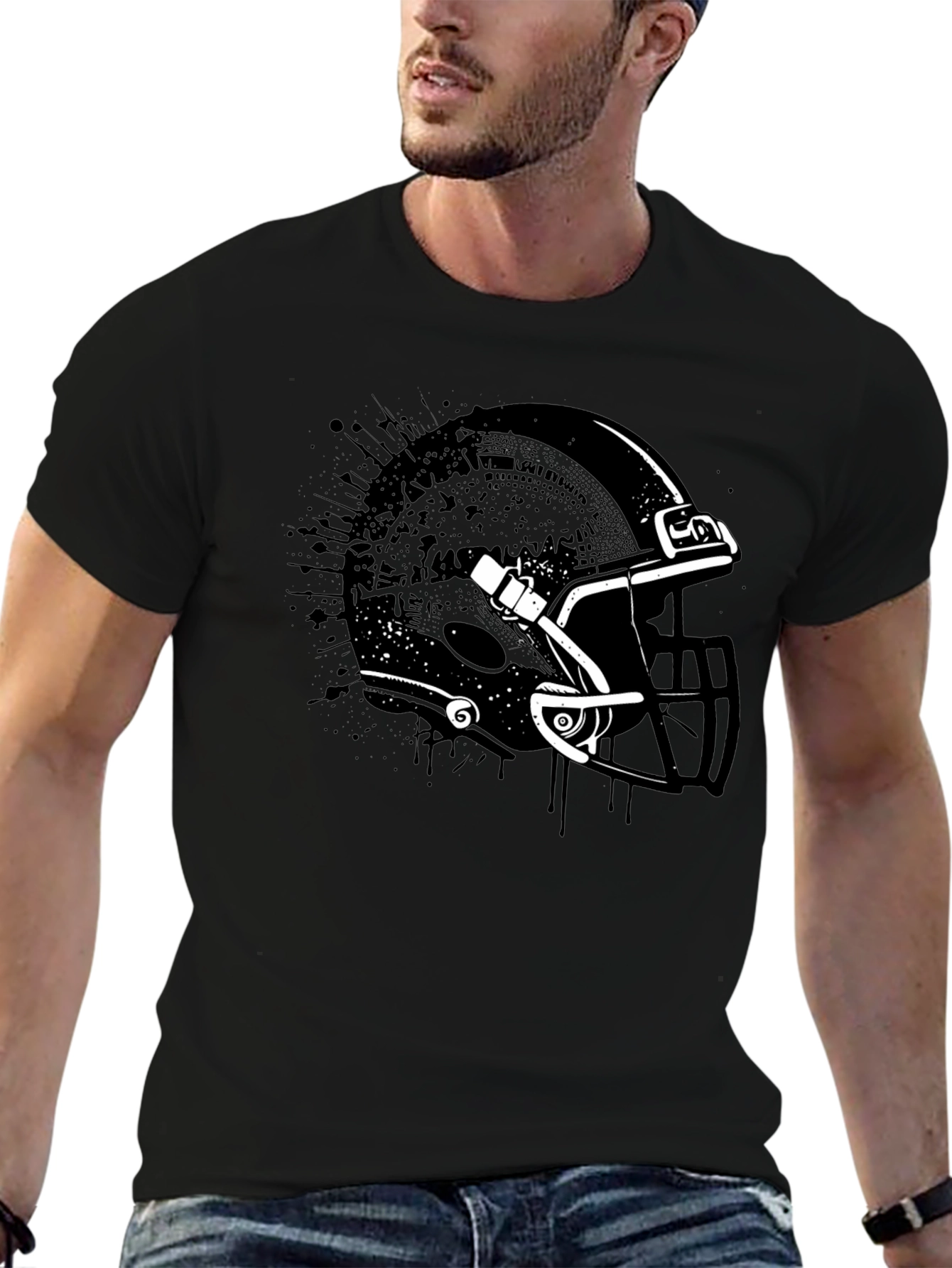 Black Football Helmet Graphic Tee - Black Cotton T-Shirt view 6