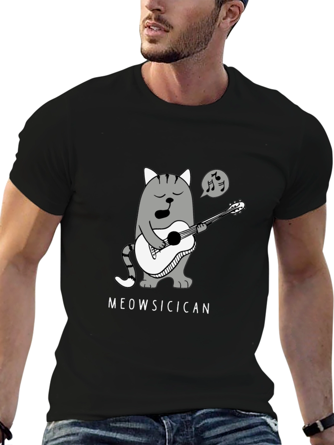Black Meowsicican Cat Graphic T-Shirt - Black view 6