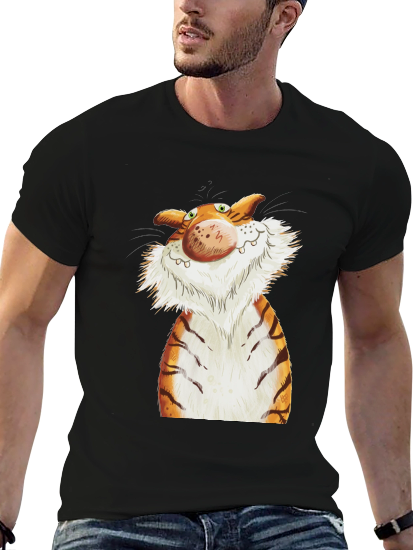 Black Cartoon Tiger Graphic Tee - Black Cotton T-Shirt view 6