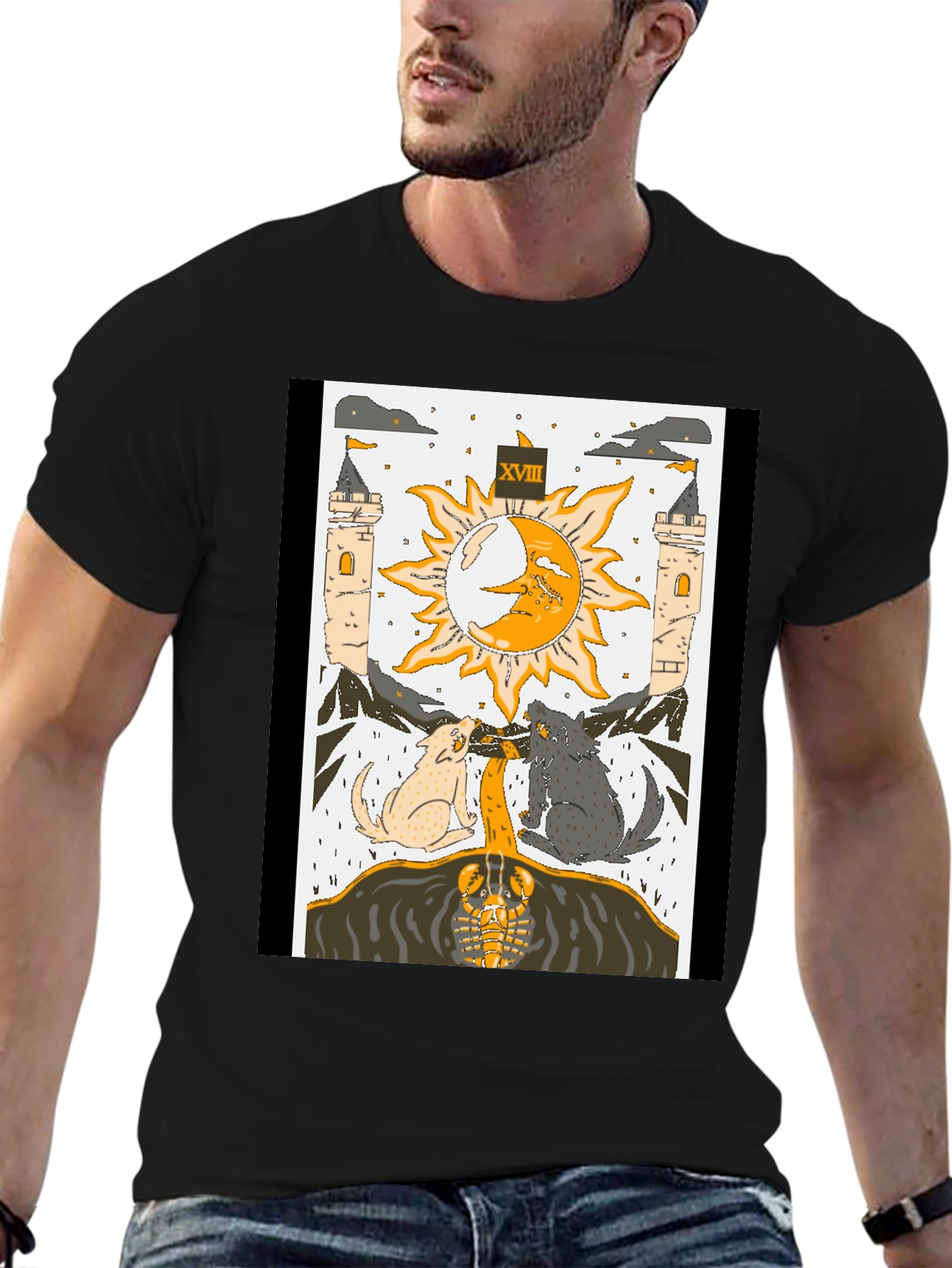 Black Moon Tarot Card T-Shirt - Lunar Wolves Design view 6