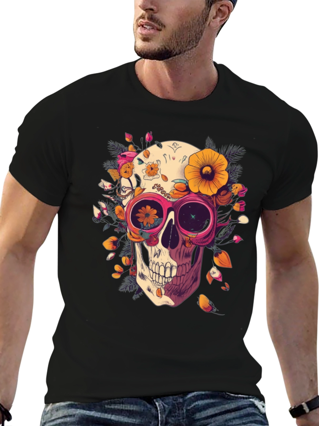 Black Floral Skull Graphic Tee - Unique Unisex T-Shirt view 6