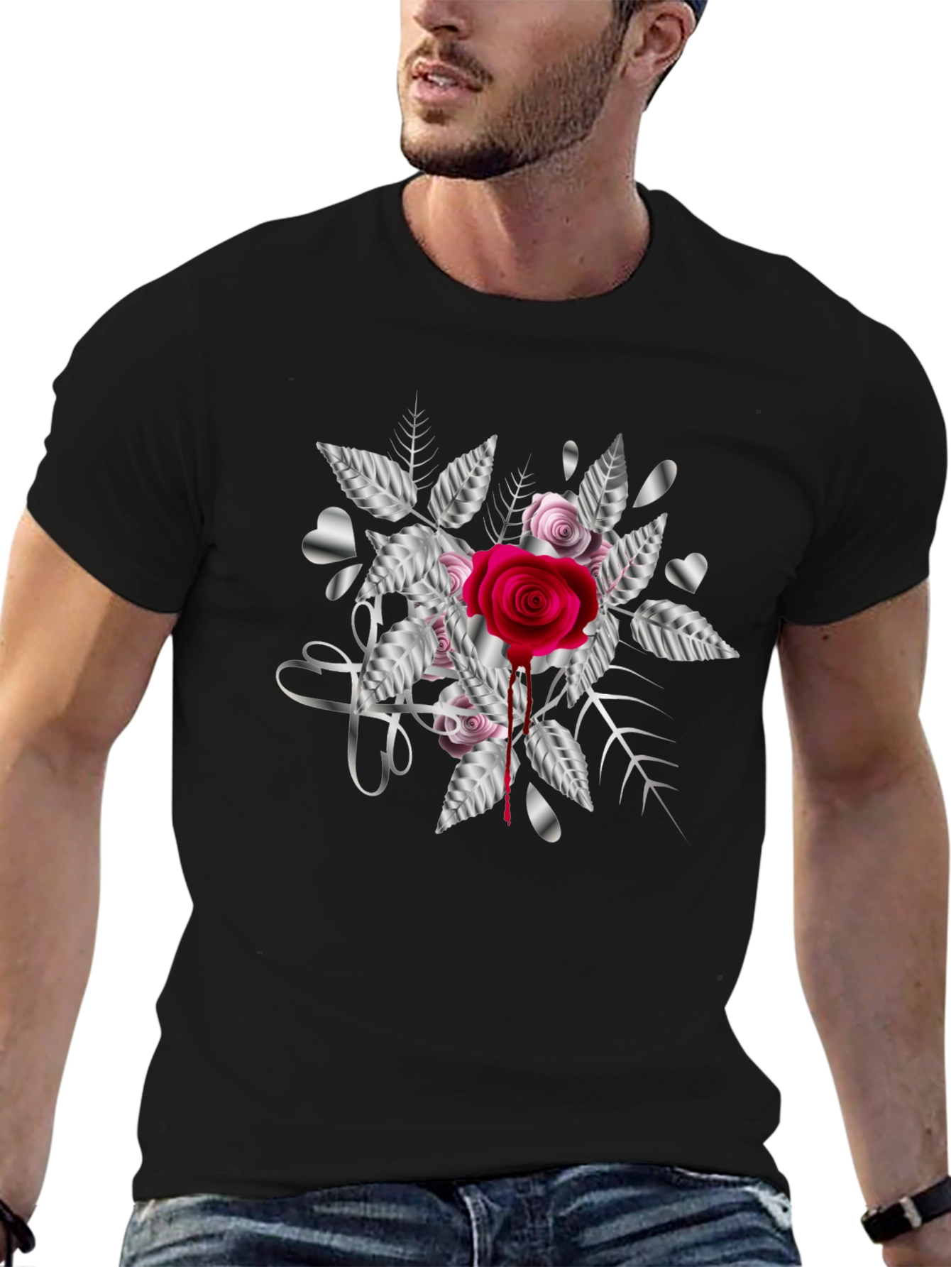 Black Rose & Silver Heart Graphic T-Shirt view 6