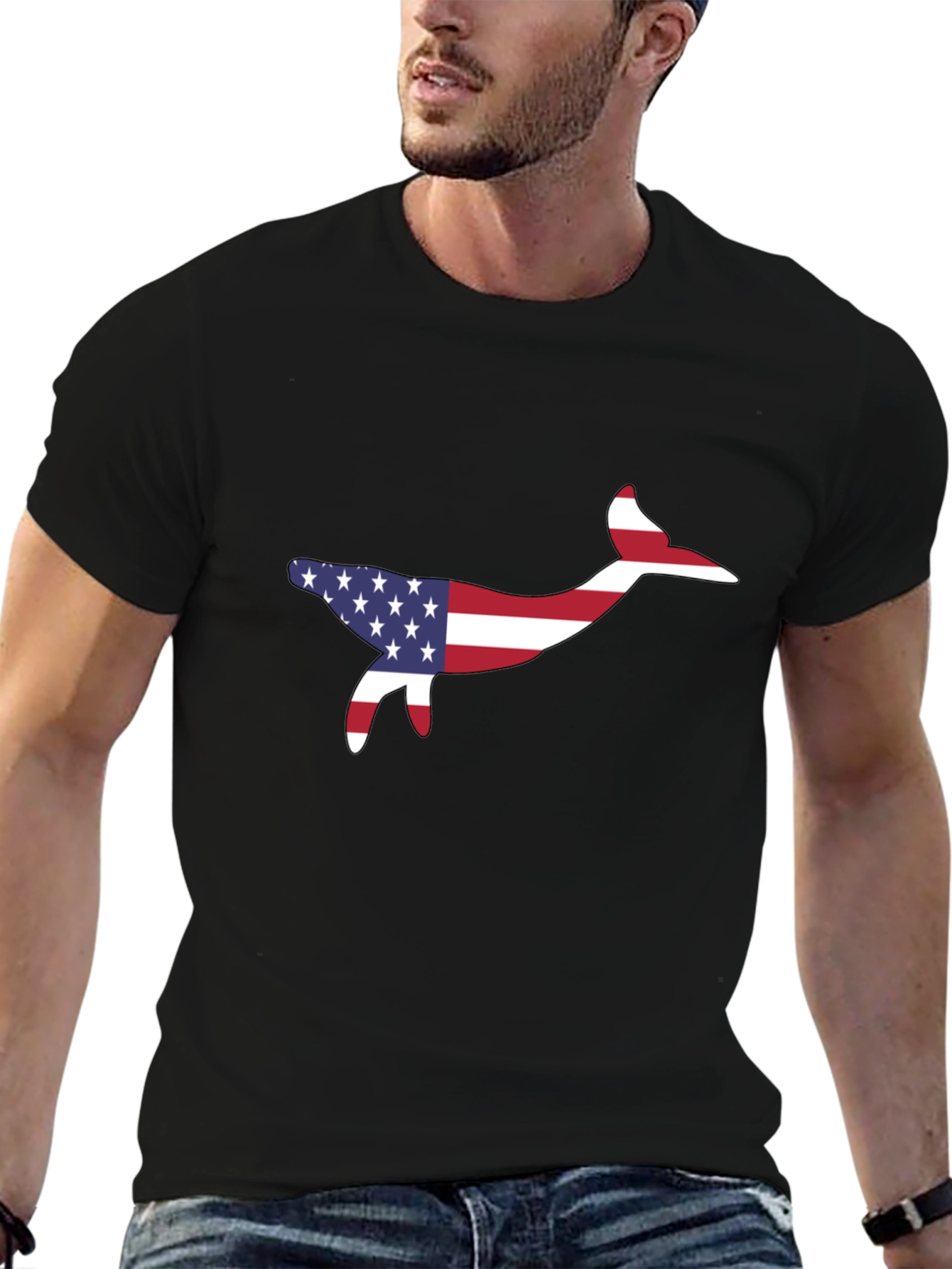 Black USA Flag Whale Graphic Tee - Patriotic Style view 6