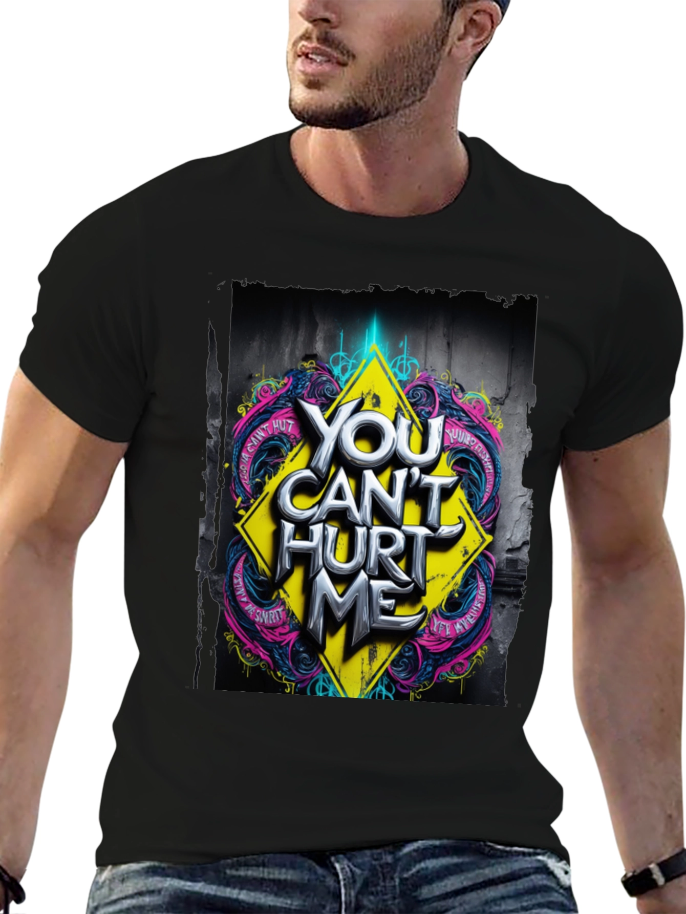 Black Edgy "You Can't Hurt Me" Graphic Black T-Shirt view 6