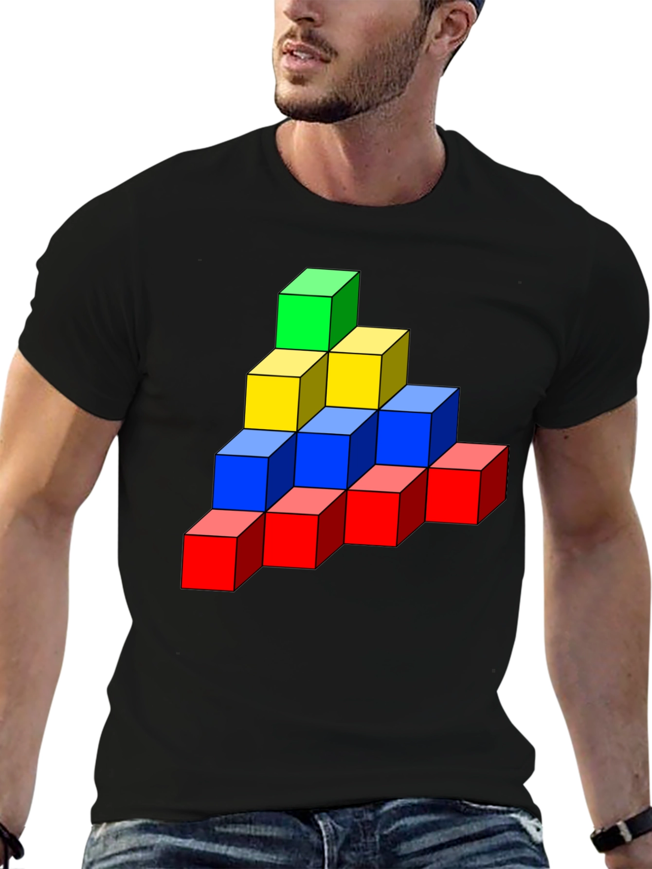 Black Colorful Cube Stack Graphic Tee - Unique Design view 6
