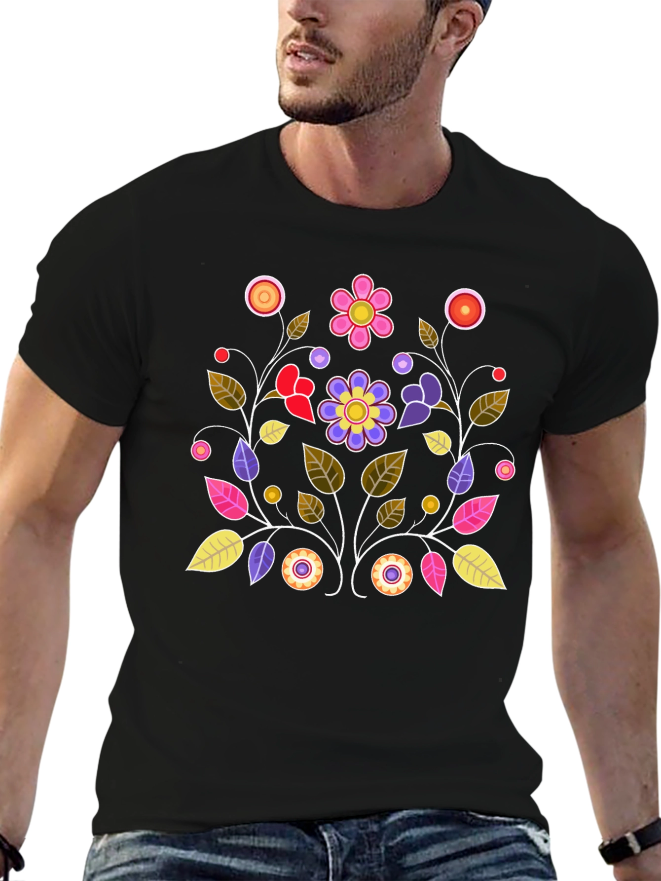 Black Floral Design Black T-Shirt view 6