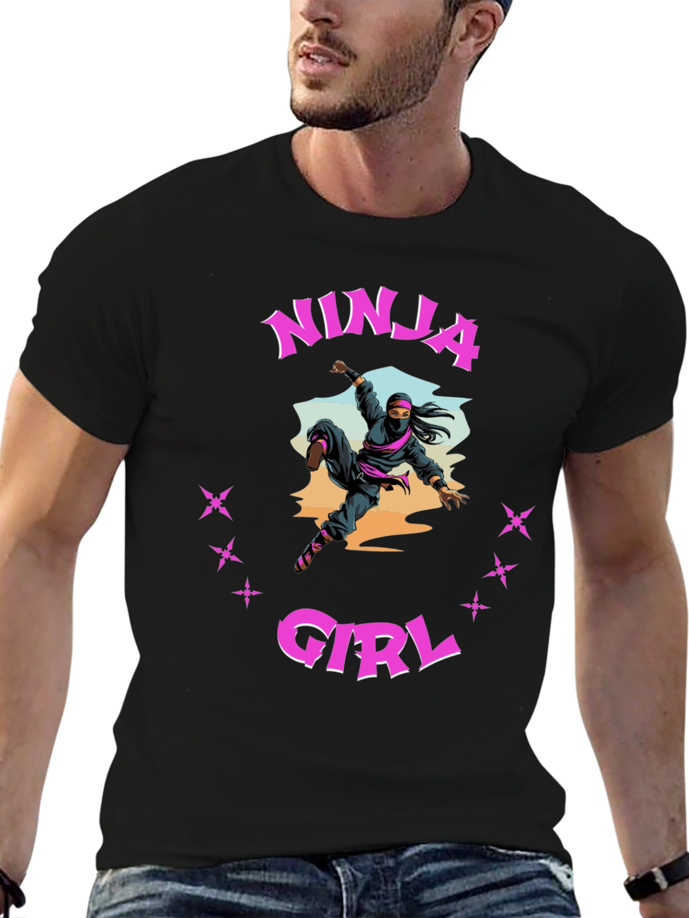 Black Ninja Girl Graphic Tee - Black Cotton T-Shirt view 6