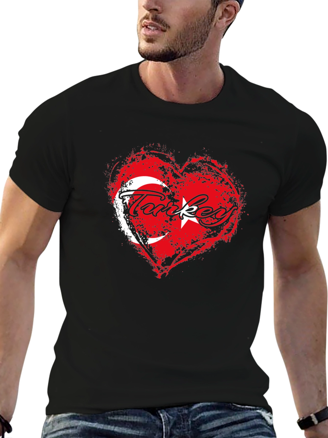 Black Turkey Flag Heart T-Shirt - Black Crew Neck Tee view 6