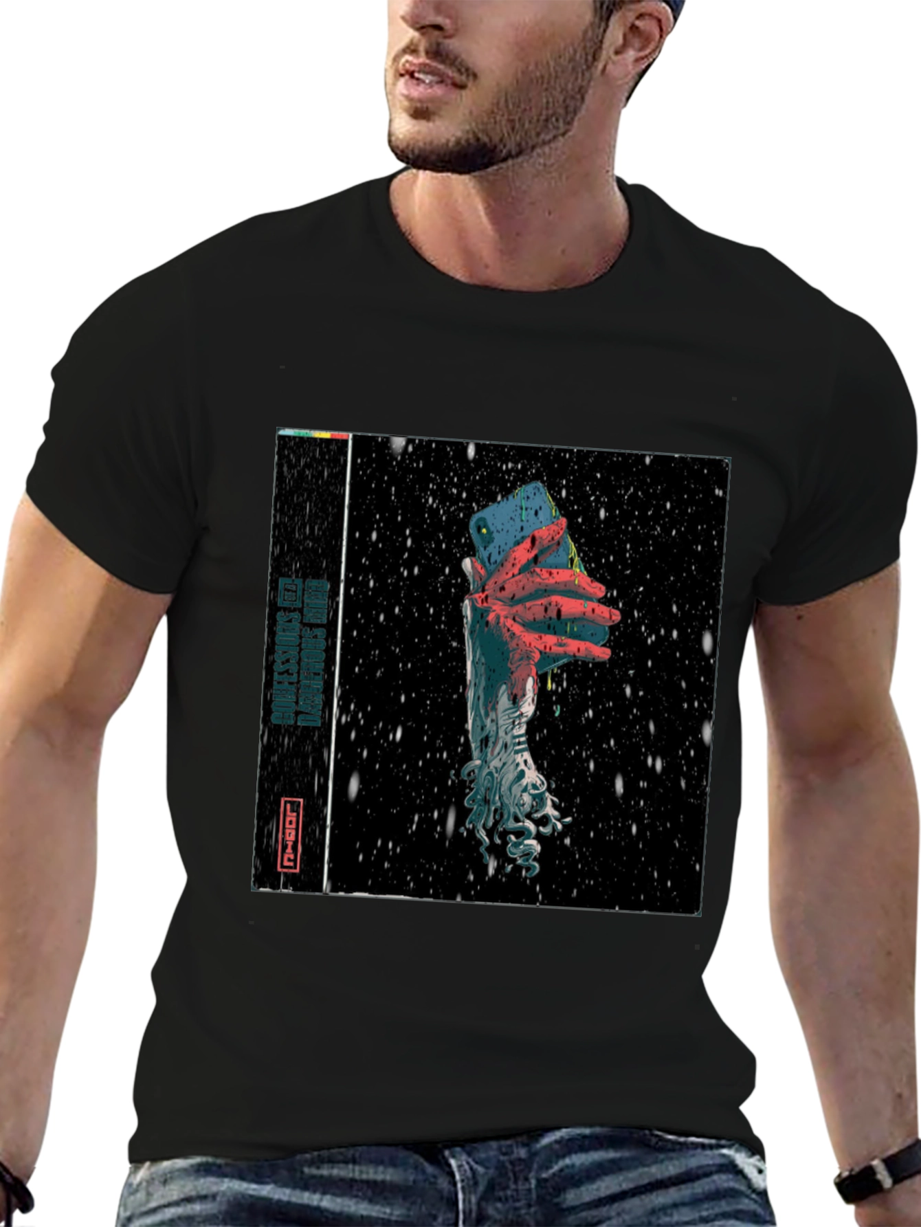 Black Surreal Phone Graphic T-Shirt view 6