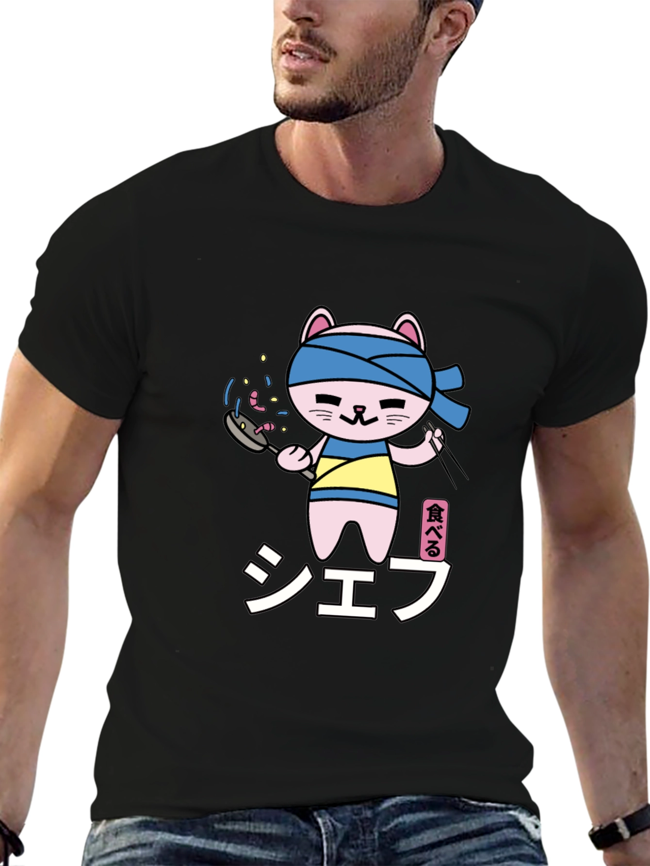 Black Chef Cat T-Shirt - Black, Cartoon Graphic Tee view 6