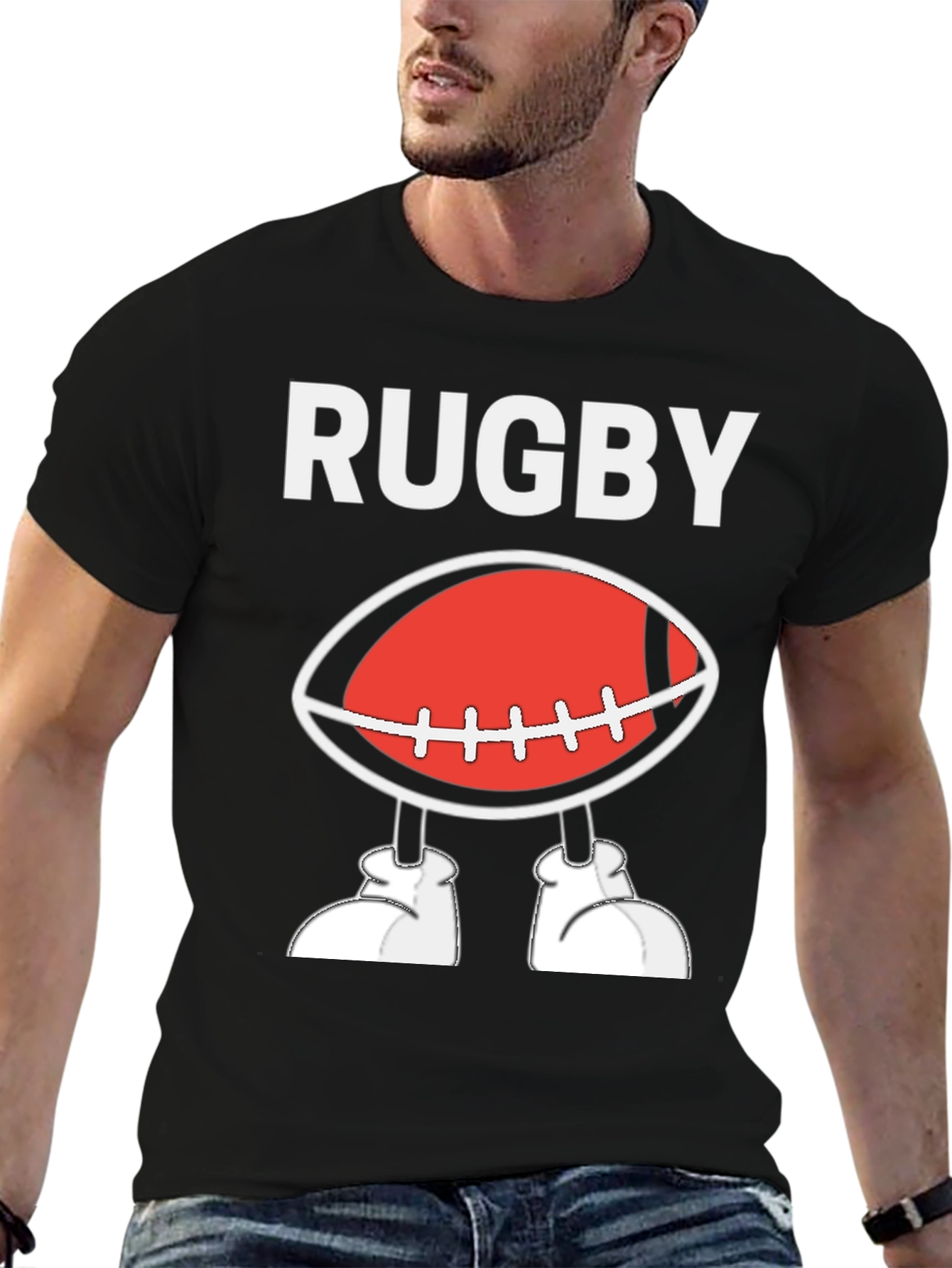 Black Rugby Football Cartoon T-Shirt - Black view 6