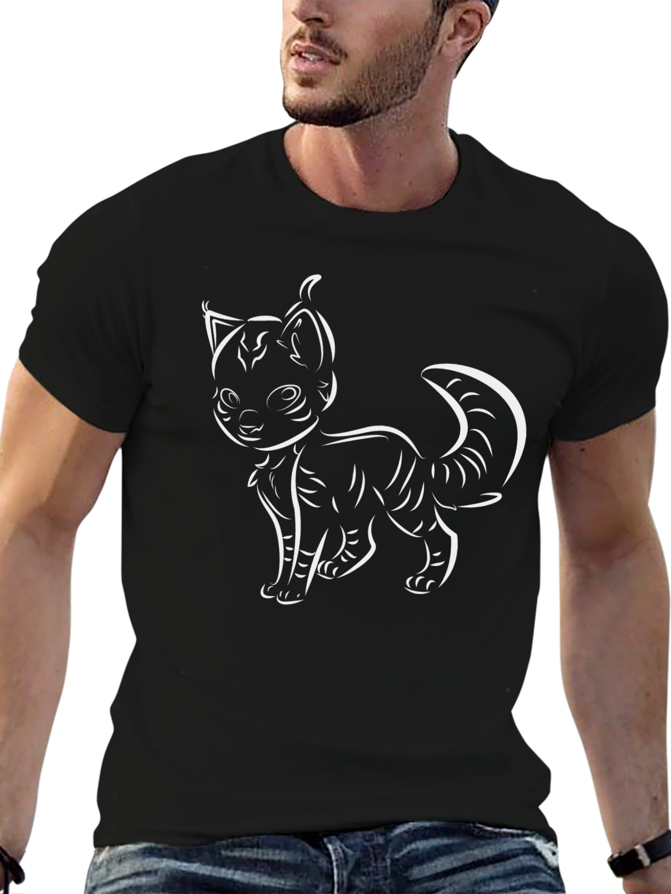 Black Cute Cartoon Cat Black T-Shirt view 6
