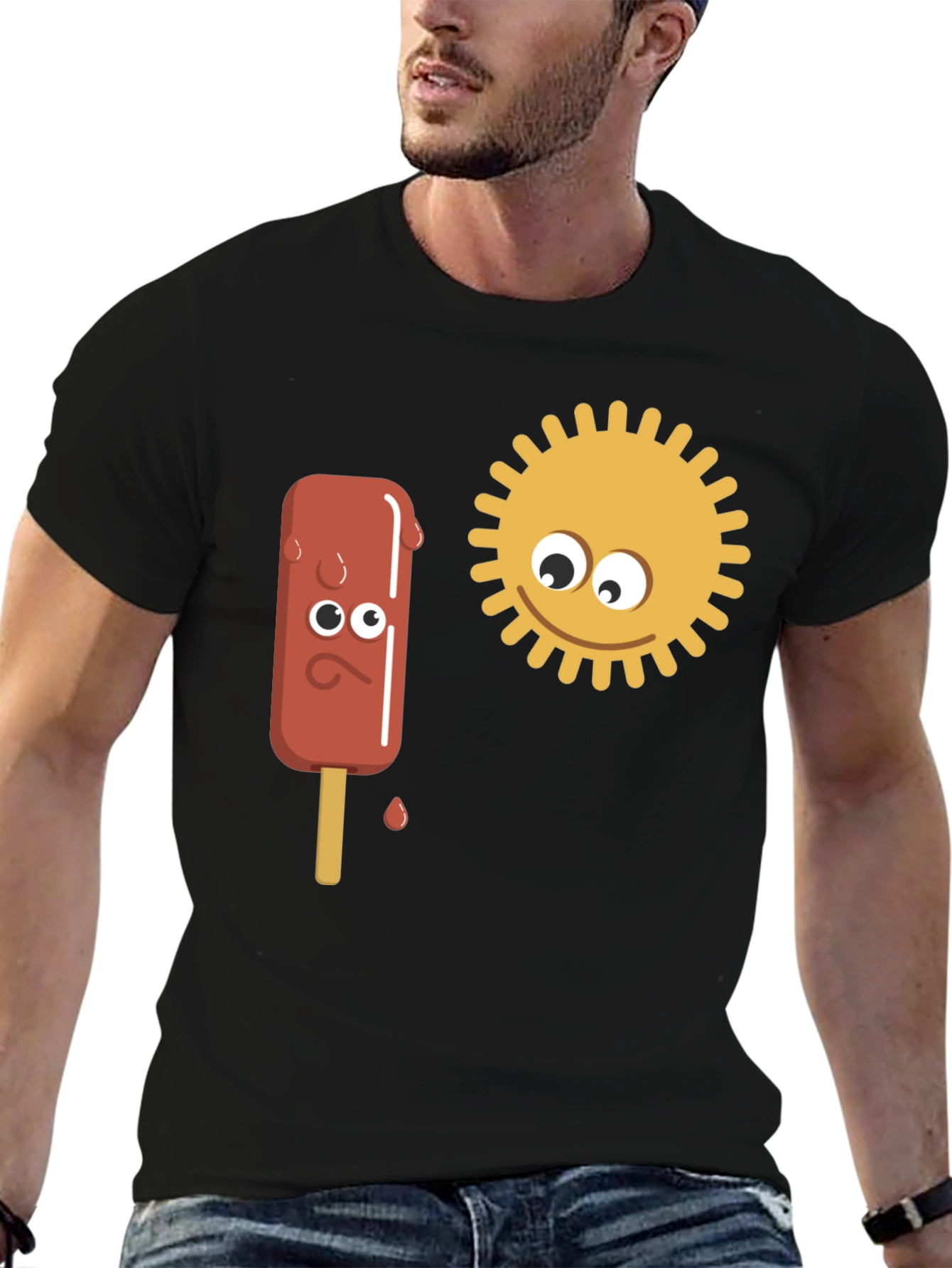 Black Funny Cartoon Sun & Ice Cream Men's Black T-Shirt view 6