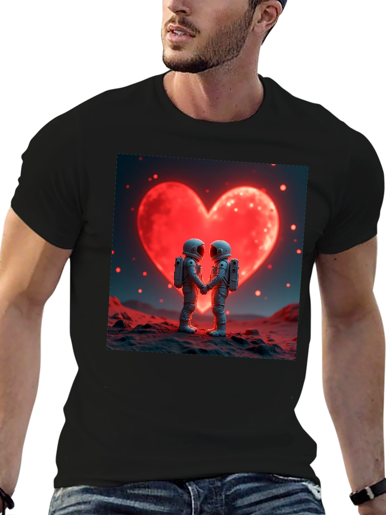 Black Astronaut Love T-Shirt, Space Romance Tee view 6