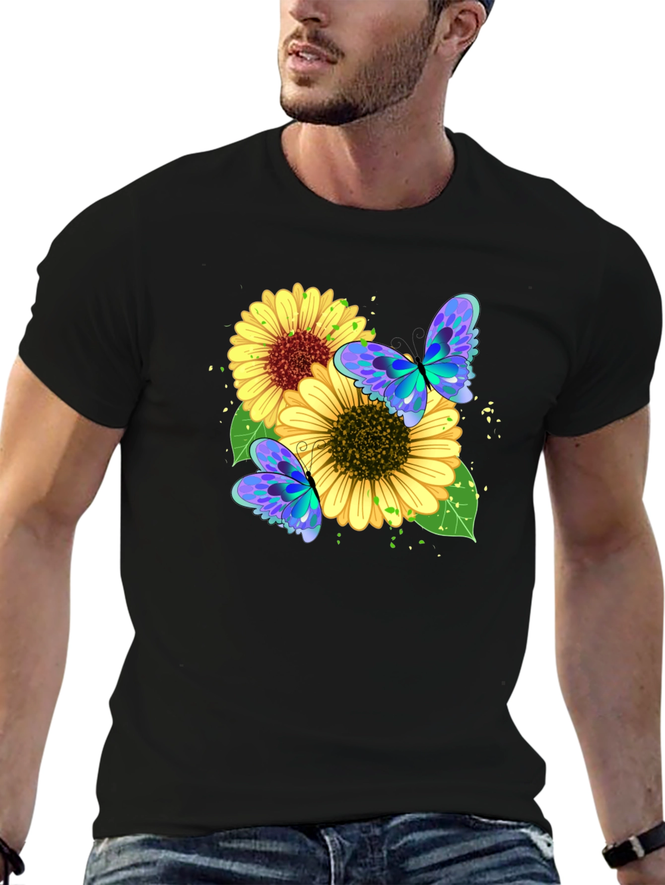 Black Sunflower Butterfly Graphic Tee - Black view 6