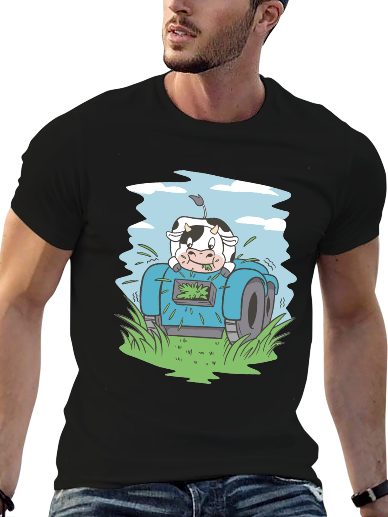 Black Cow Riding Lawnmower Graphic Tee view 6
