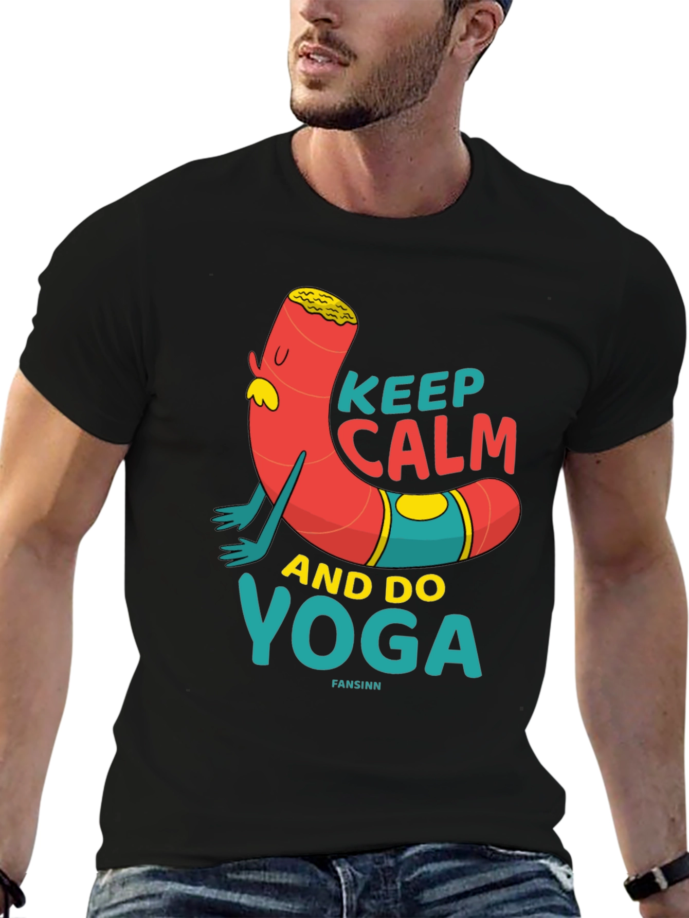 Black Keep Calm Yoga Cartoon T-Shirt view 6
