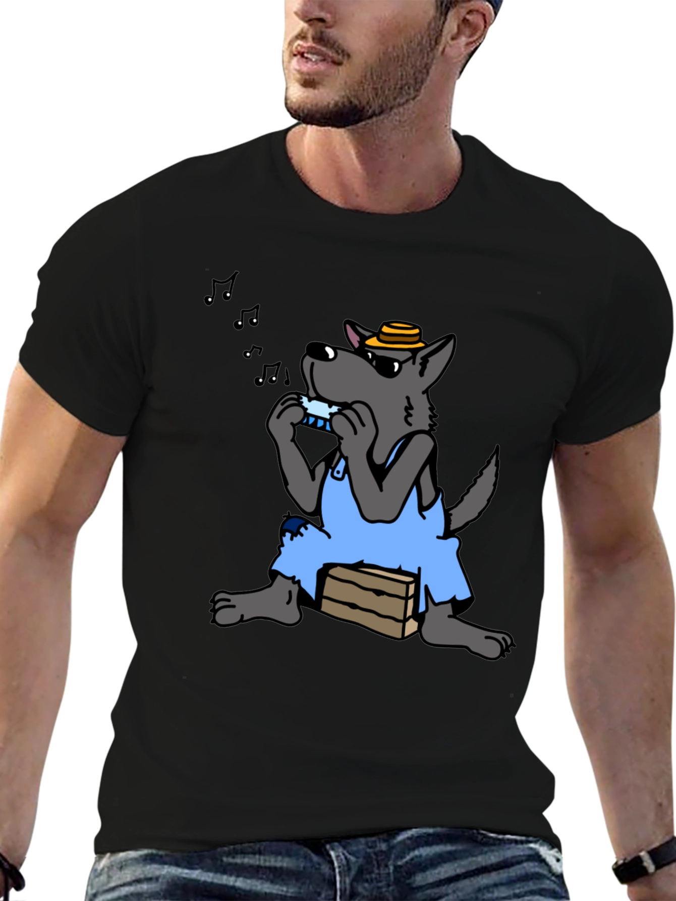 Black Harmonica Wolf Graphic Tee - Unique Design view 6
