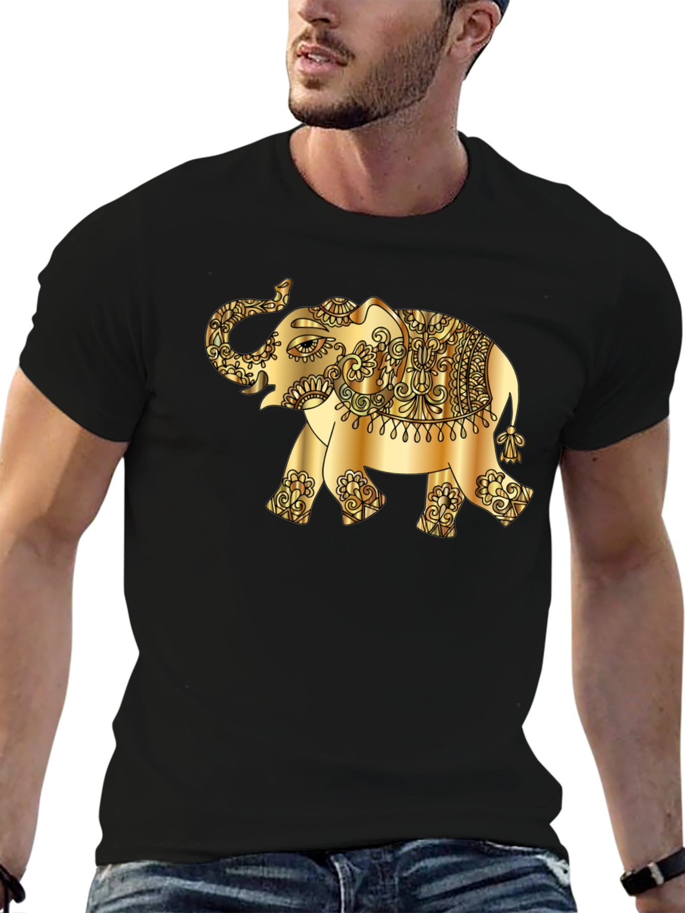 Black Golden Elephant Graphic Tee - Stylish Black T-Shirt view 6
