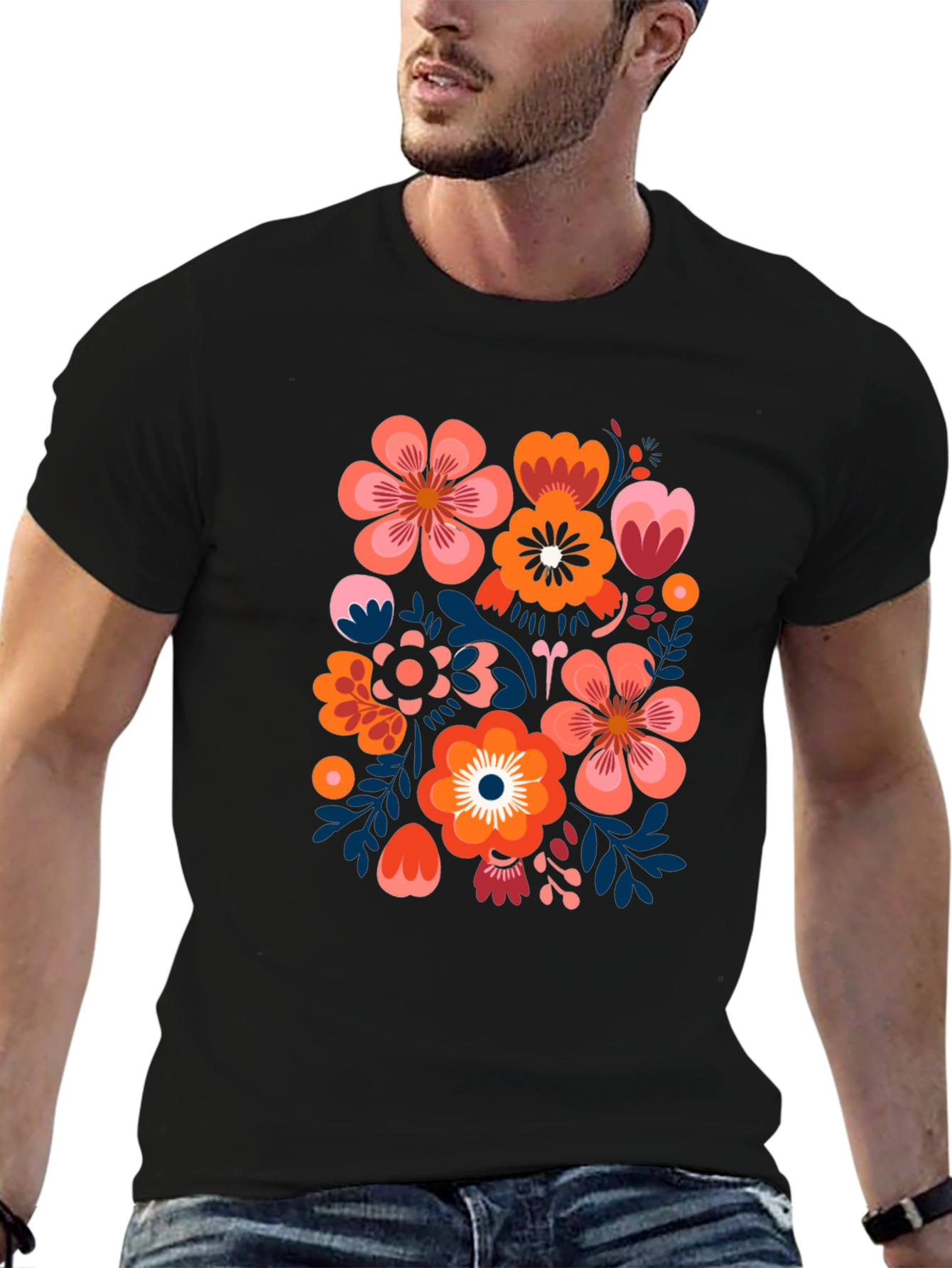 Black Floral Pattern Black T-Shirt view 6