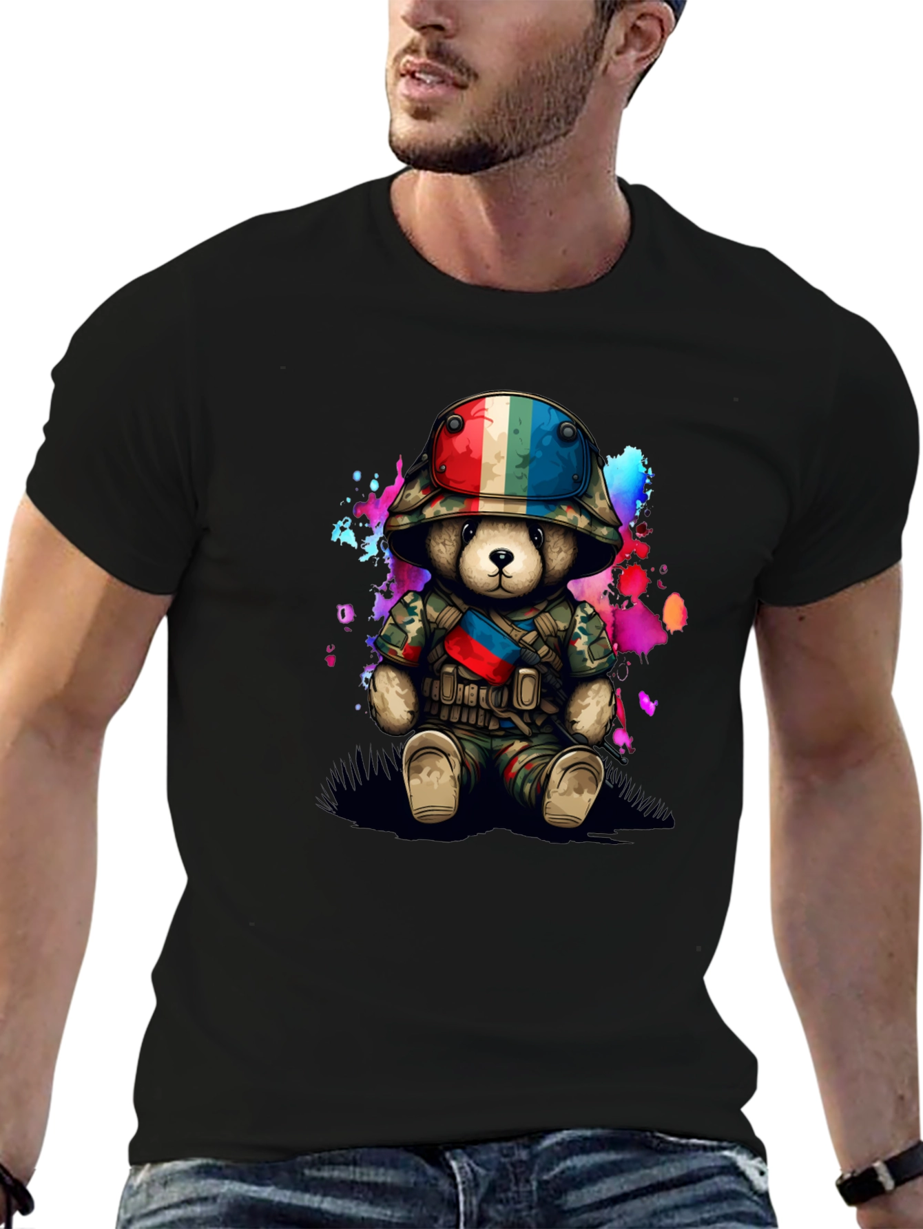 Black Military Teddy Bear Graphic T-Shirt view 6