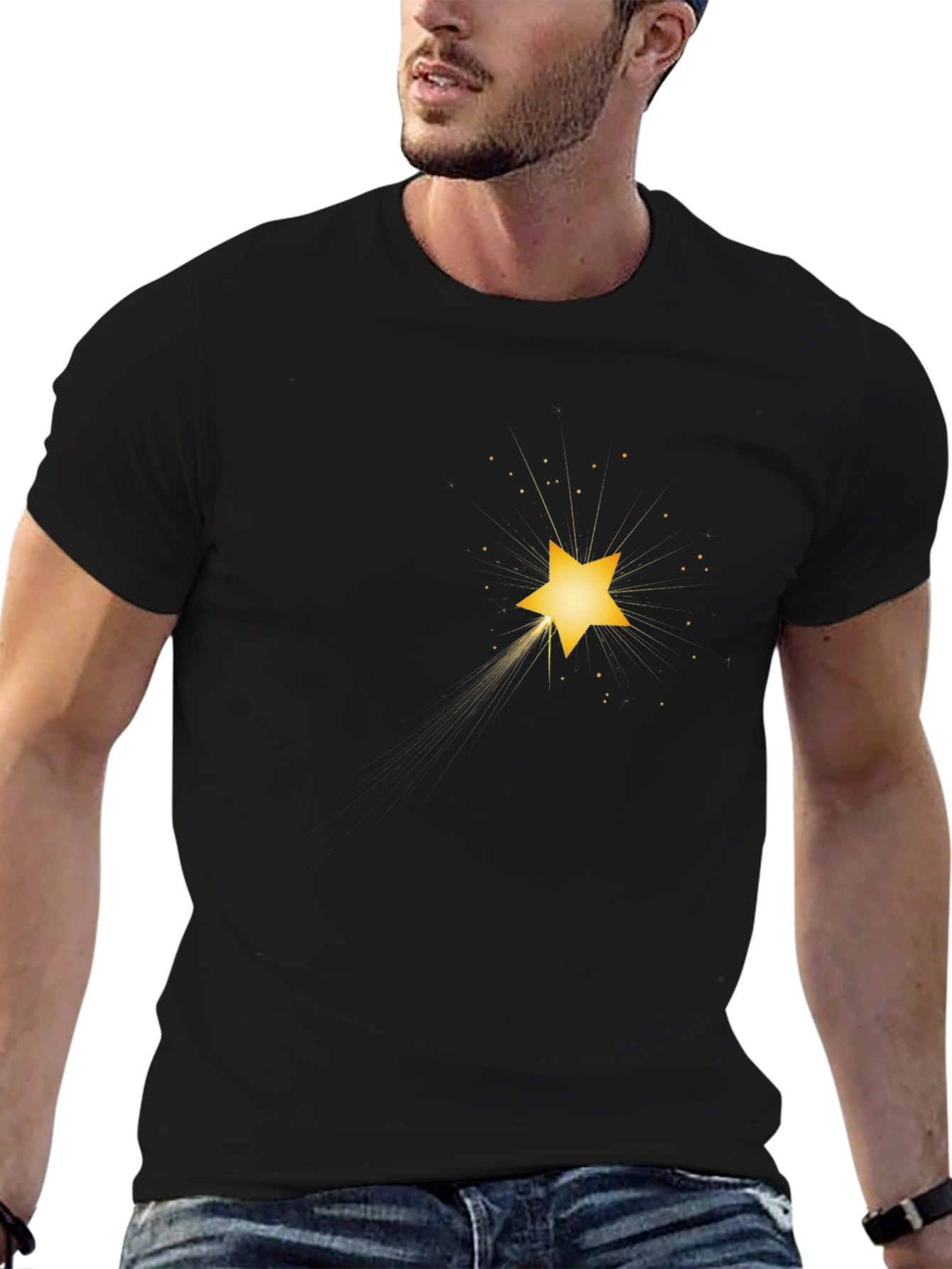 Men's Black T-Shirt with Shining Star Graphic - 6
