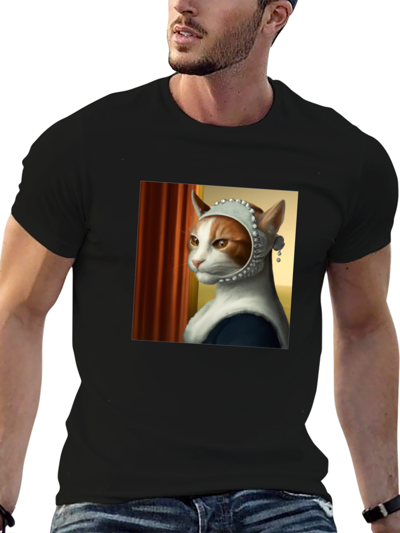 Black Cat with Pearl Earring T-Shirt view 6