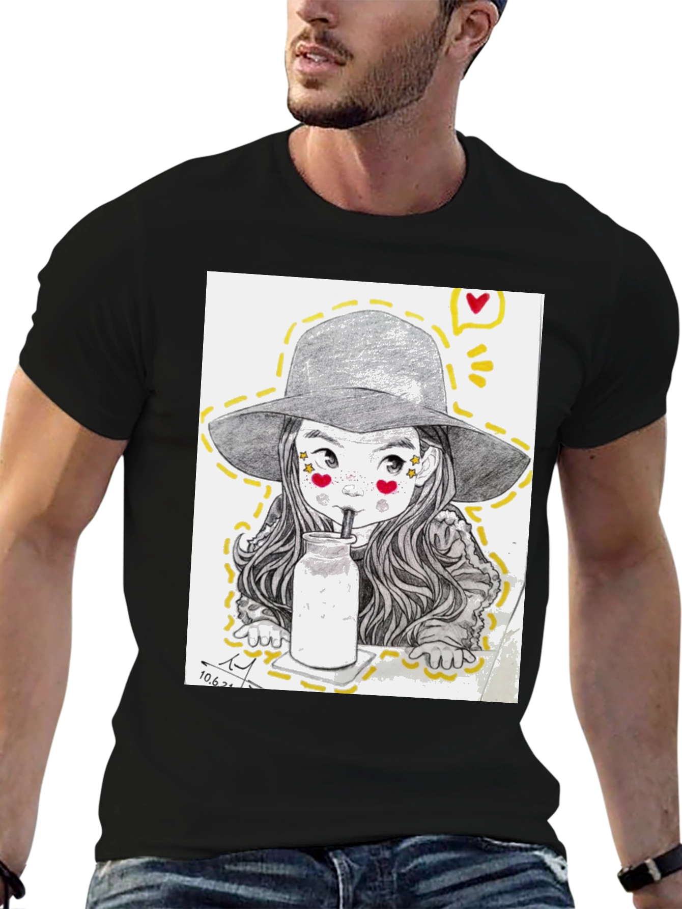 Black Charming Sketch Style Graphic Tee view 6